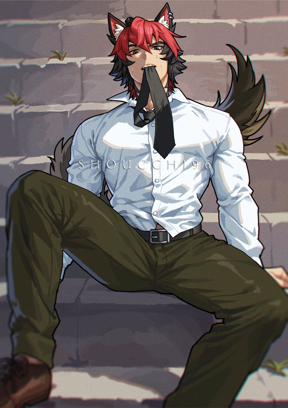 shoucchi96, komano manato, zenless zone zero, commentary, english commentary, highres, variant set, 1boy, alternate costume, animal ear fluff, artist name, belt, black belt, black hair, black necktie, black tail, brown hair, buttons, collared shirt, covered pectorals, green pants, looking at viewer, male focus, mouth hold, multicolored hair, necktie, necktie in mouth, pants, pectorals, red hair, shirt, short hair, sitting, sitting on stairs, solo, stairs, sweat, two-tone hair, white shirt