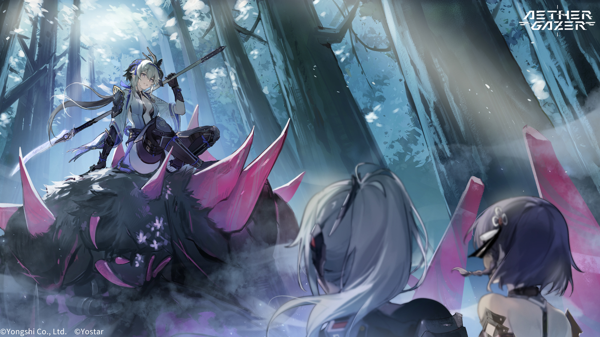 kuramitsuha (aether gazer), aether gazer, artist request, character request, highres, official art, 3girls, black gloves, braid, breasts, copyright notice, forest, gloves, grey eyes, grey hair, hair ornament, holding, holding polearm, holding weapon, long hair, multiple girls, nature, over shoulder, polearm, ponytail, short hair, sitting, thighhighs, toeless legwear, tree, weapon, weapon over shoulder