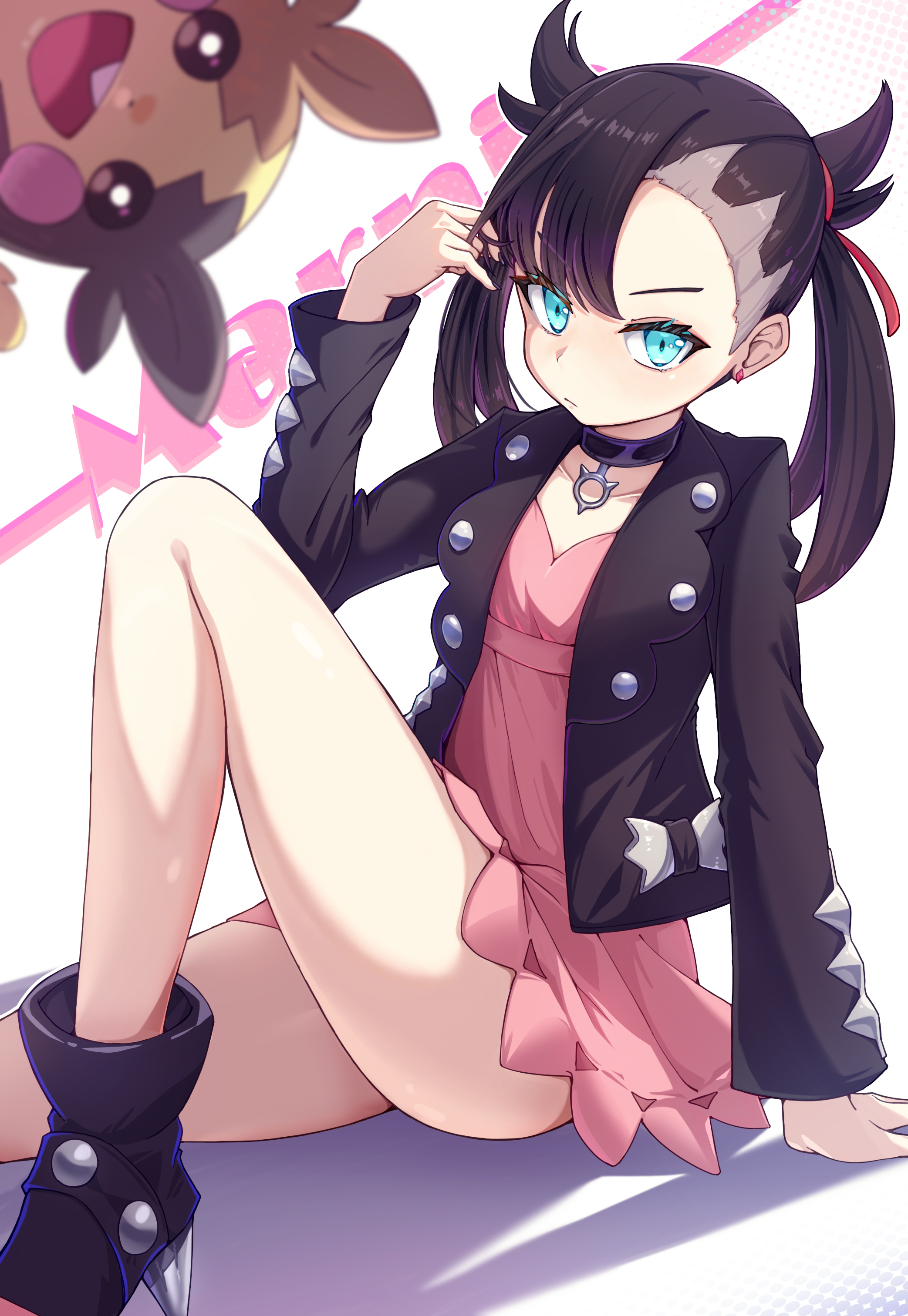like l, marnie (pokemon), morpeko, morpeko (full), nintendo, pokemon, pokemon swsh, absurdres, highres, 1girl, asymmetrical bangs, bare legs, black boots, black choker, black hair, black jacket, boots, choker, dress, gen 8 pokemon, green eyes, hair ribbon, jacket, looking at viewer, pink dress, pokemon (creature), ribbon, sitting, thighs, twintails, undercut