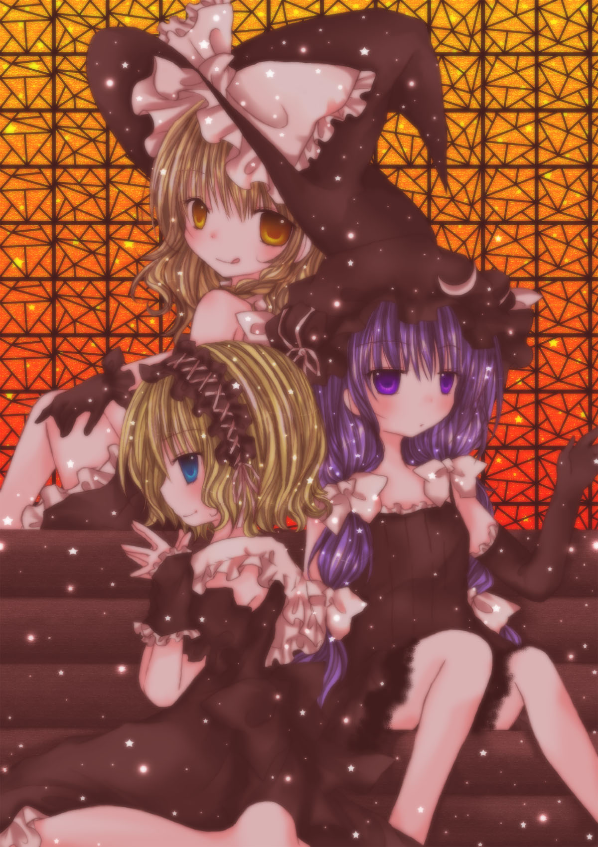 kasuga sunao, alice margatroid, kirisame marisa, patchouli knowledge, touhou, bad id, bad pixiv id, highres, 3girls, blonde hair, bow, crescent hat ornament, dress, elbow gloves, female focus, gloves, hairband, hat, hat ornament, multiple girls