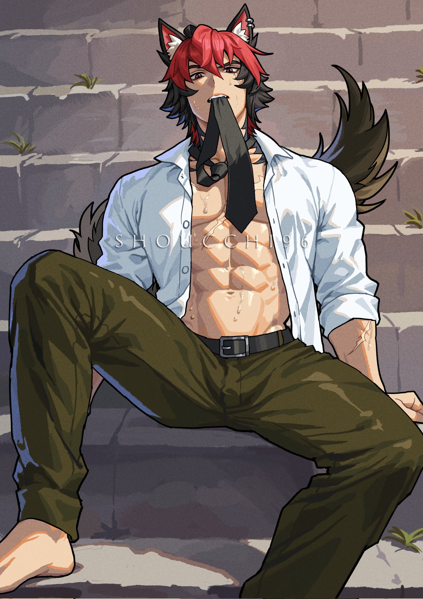 shoucchi96, komano manato, zenless zone zero, commentary, english commentary, highres, variant set, 1boy, abs, alternate costume, animal ear fluff, artist name, barefoot, belt, black belt, black hair, black necktie, black tail, brown hair, buttons, collared shirt, feet, green pants, looking at viewer, male focus, mouth hold, multicolored hair, muscular, muscular male, navel, necktie, necktie in mouth, open clothes, open shirt, pants, pectorals, red hair, scar, scar on chest, scar on face, shirt, short hair, sitting, sitting on stairs, sleeve rolled up, solo, stairs, sweat, two-tone hair, white shirt