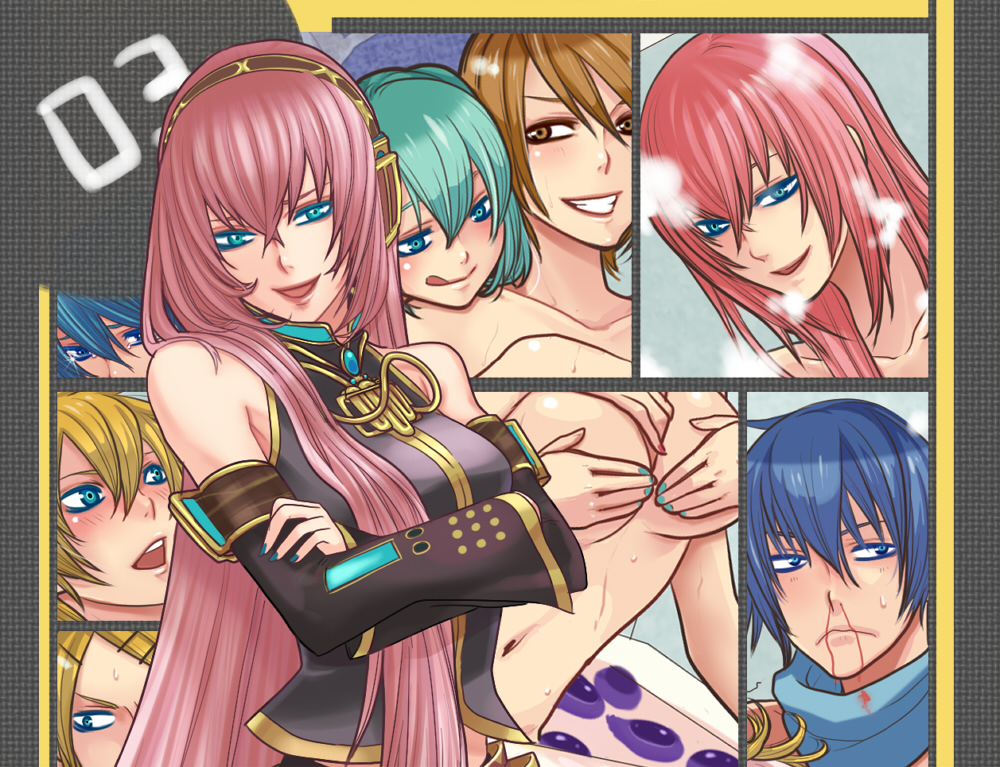 nayu, hatsune miku, kagamine len, kagamine rin, kaito (vocaloid), megurine luka, meiko (vocaloid), vocaloid, bad id, bad pixiv id, 2boys, 4girls, blonde hair, blood, blue eyes, blue hair, breasts, brown eyes, brown hair, grabbing another's breast, groping, hair ornament, hairclip, long hair, multiple boys, multiple girls, nail polish, nosebleed, pink hair, smile, yuri