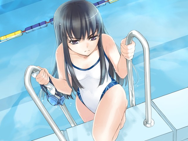 kuramoto kaya, solfage, solfege (game), 1girl, barefoot, black hair, competition swimsuit, female focus, goggles, lane line, long hair, one-piece swimsuit, pool, pool ladder, purple eyes, solo, swimsuit, unworn goggles, water