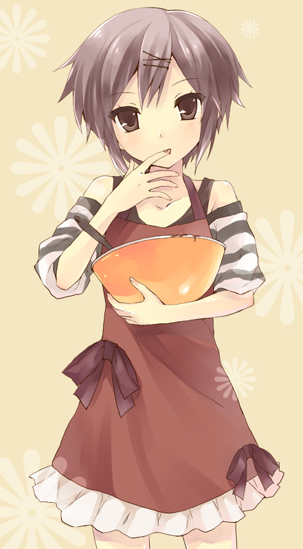 hijiki (hijikini), hijikini, nagato yuki, suzumiya haruhi no yuuutsu, light purple hair, 00s, 1girl, apron, brown eyes, casual, chocolate, female focus, hair ornament, hairclip, licking, licking finger, looking at viewer, mixing bowl, short hair, solo, tsurime
