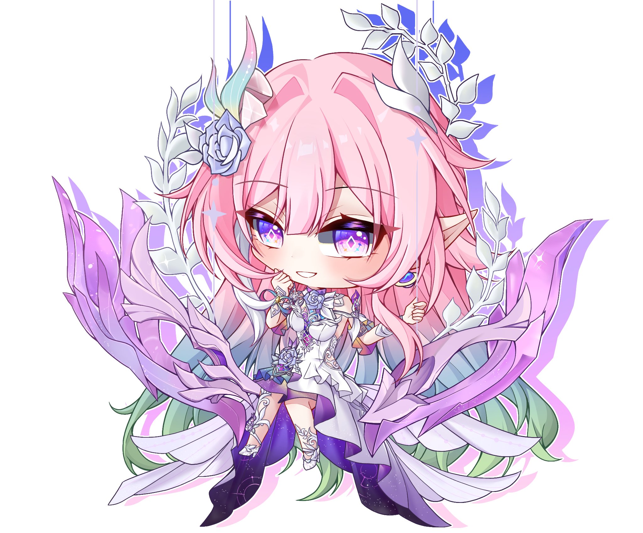 cyrene (honkai: star rail), cyrene (ripples of past reverie) (honkai: star rail), honkai: star rail, honkai (series), commentary request, highres, korean commentary, 1girl, baekseolhwa05, breasts, chibi, chibi only, diamond-shaped pupils, diamond (shape), dress, earrings, flower, gradient hair, green hair, hair flower, hair ornament, halo, high heels, jewelry, long hair, looking at viewer, multicolored hair, pink hair, pointy ears, purple eyes, simple background, smile, solo, symbol-shaped pupils, very long hair, white background, white dress, white hair