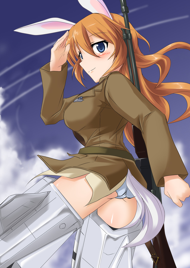 kuronyan, charlotte e. yeager, strike witches, world witches series, bad id, bad pixiv id, 00s, 1girl, animal ears, blue eyes, breasts, female focus, gun, large breasts, light machine gun, m1918 bar, machine gun, military, military uniform, orange hair, rabbit ears, rabbit girl, rabbit tail, solo, tail, weapon