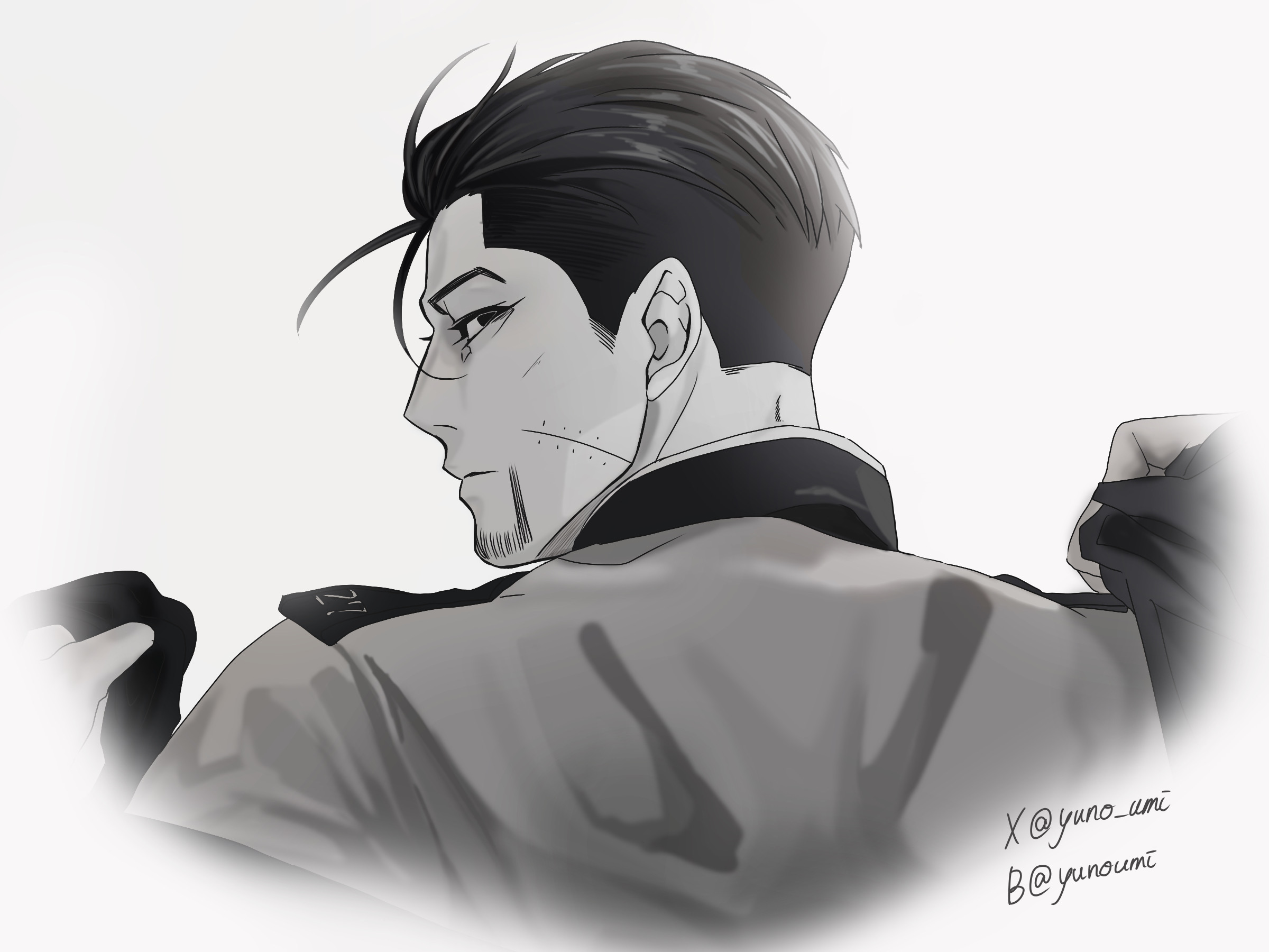 washiko (rasuko), ogata hyakunosuke, golden kamuy, commentary request, highres, 1boy, closed mouth, facial hair, goatee stubble, greyscale, looking at viewer, looking back, male focus, mature male, military uniform, monochrome, scar, scar on face, short hair, sideburns, signature, solo, stubble