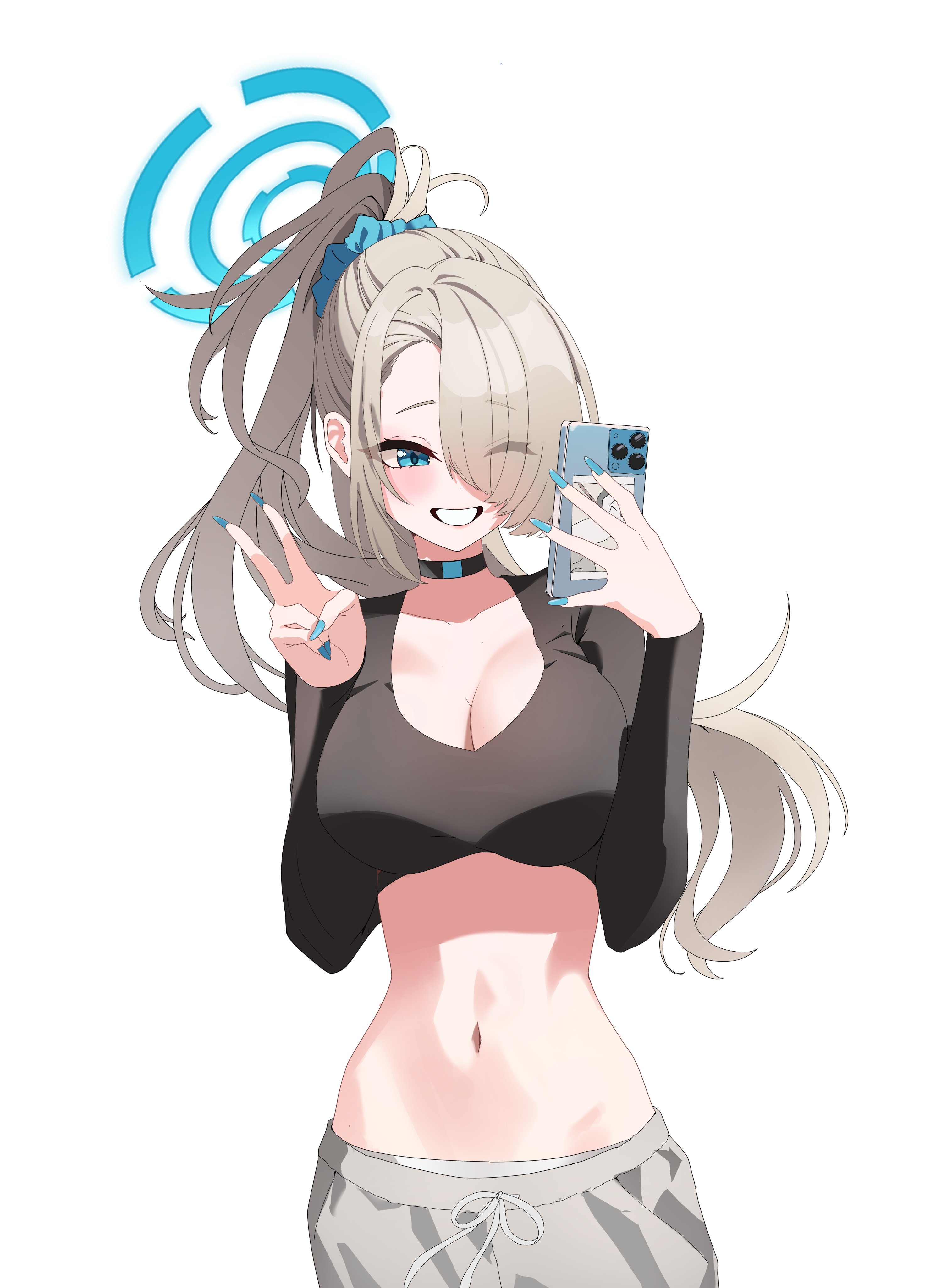 td (tandeom97), asuna (blue archive), blue archive, absurdres, highres, 1girl, black shirt, blonde hair, blue eyes, blue halo, blue scrunchie, blush, breasts, choker, cleavage, collarbone, crop top, grey pants, grin, groin, hair over one eye, halo, holding, holding phone, large breasts, long hair, long sleeves, navel, one eye closed, pants, phone, ponytail, scrunchie, selfie, shirt, smile, solo, v, very long hair, white background