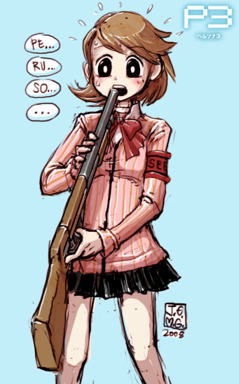 j-e-m-g, takeba yukari, atlus, persona, persona 3, commentary, 1girl, bad end, evoker, female focus, gun, gun in mouth, gun to head, holding, holding gun, holding weapon, shotgun, solo, suicide, weapon