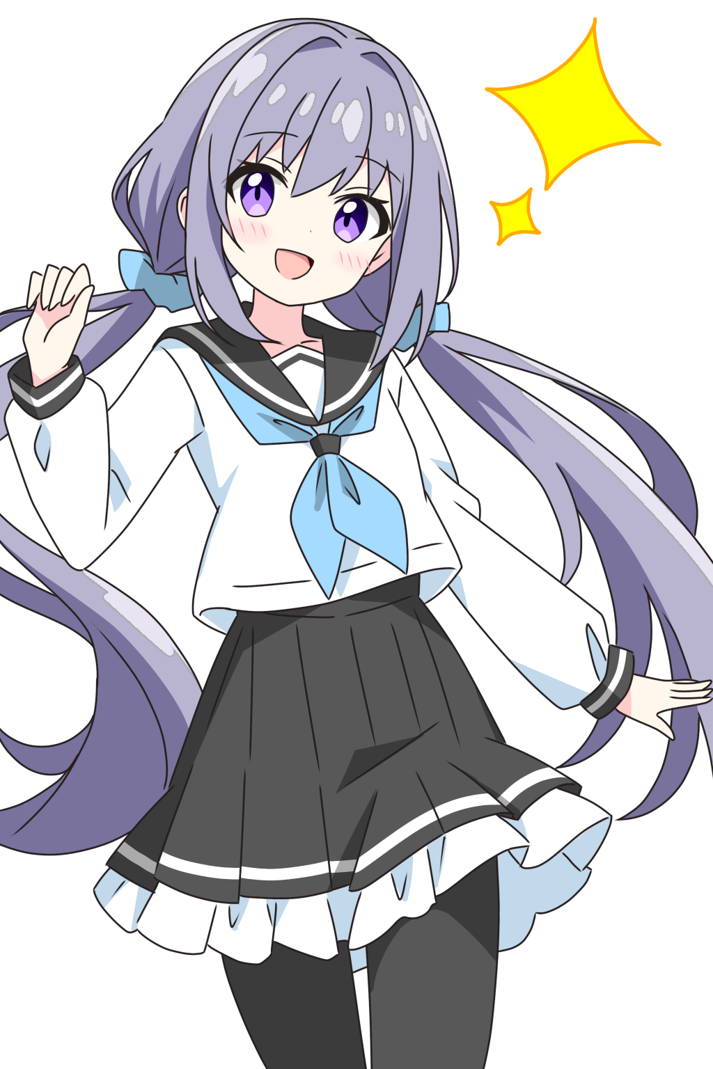kotatsu-mazoku, original, commentary request, highres, 1girl, :d, black pantyhose, black sailor collar, blue neckerchief, blue scrunchie, blush, cowboy shot, dot nose, frilled skirt, frills, hair ornament, hair scrunchie, hand up, long hair, long sleeves, looking at viewer, low twintailed girl (kotatsu-mazoku), low twintails, neckerchief, open mouth, pantyhose, pleated skirt, purple eyes, purple hair, sailor collar, school uniform, scrunchie, serafuku, shirt, simple background, skirt, smile, solo, sparkle, twintails, white background, white shirt, white skirt