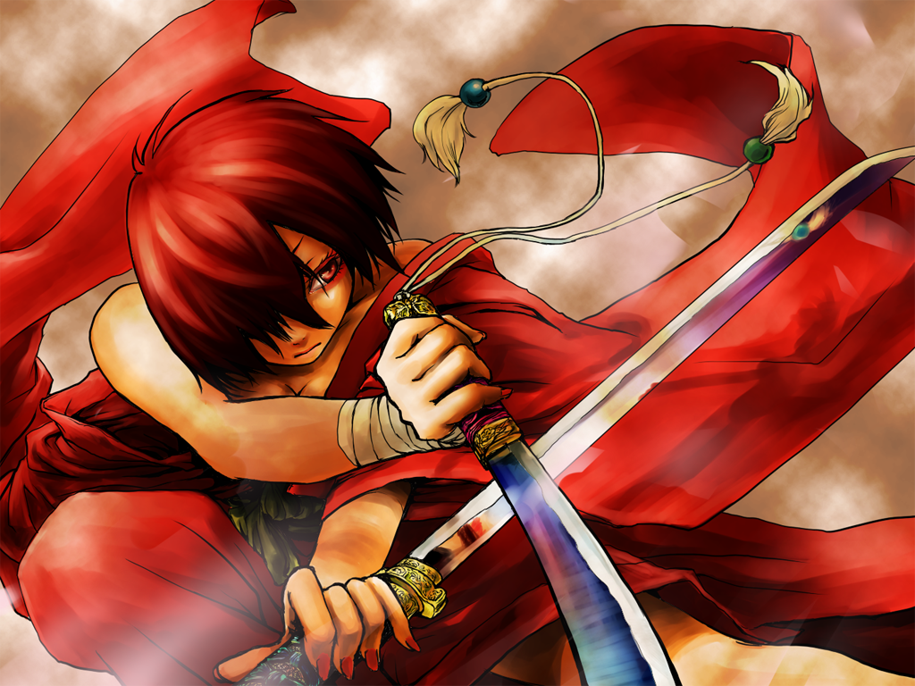 shichikusa, meiko (vocaloid), senshuu ichiya (vocaloid), vocaloid, 1girl, bandages, bare shoulders, breasts, cleavage, dual wielding, female focus, hair over one eye, holding, japanese clothes, nail polish, red eyes, red hair, red nails, short hair, solo, sword, weapon