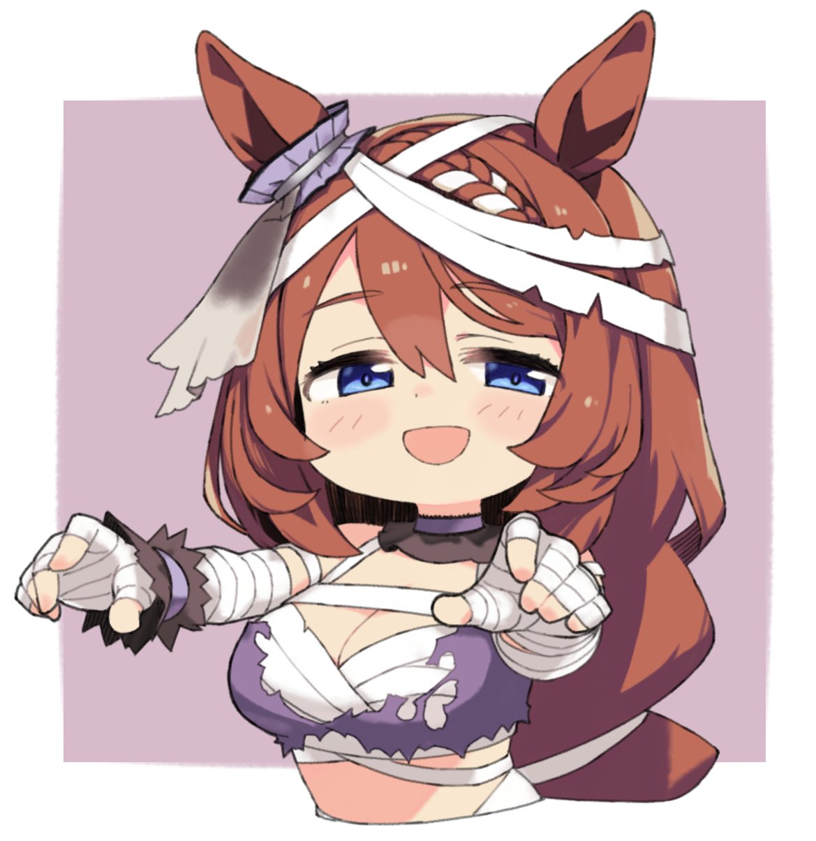 moru (monaka), super creek (chiffon ribbon mummy) (umamusume), super creek (umamusume), umamusume, highres, 1girl, :d, animal ears, bandages, blue eyes, blush, breasts, brown hair, cleavage, horse ears, horse girl, large breasts, long hair, looking at viewer, official alternate costume, open mouth, purple background, smile, solo, two-tone background, upper body, white background