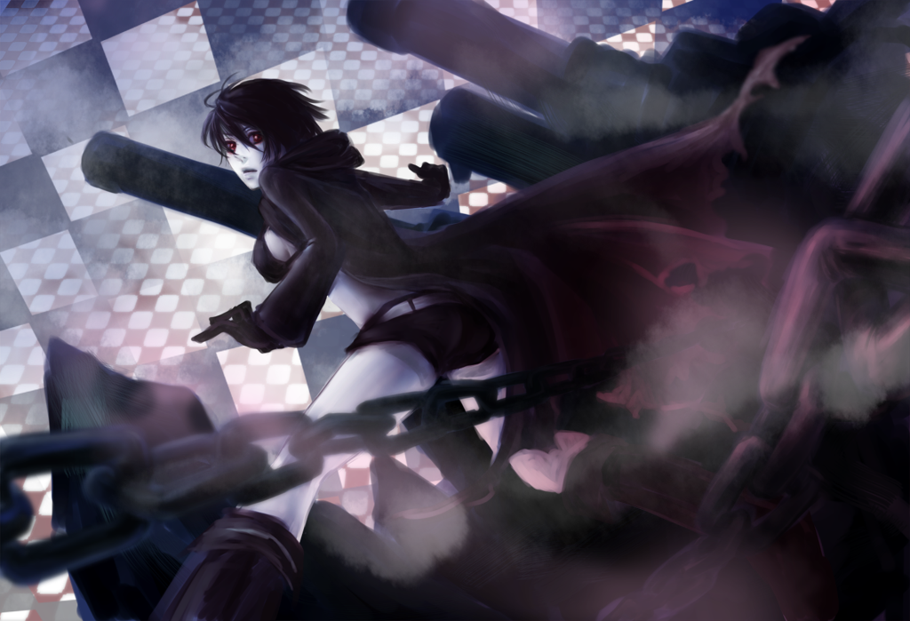 shichikusa, black rock shooter (character), meiko (vocaloid), black rock shooter, vocaloid, 1girl, bikini, bikini top only, black rock shooter (cosplay), breasts, chain, coat, cosplay, female focus, gloves, red eyes, shorts, solo, swimsuit