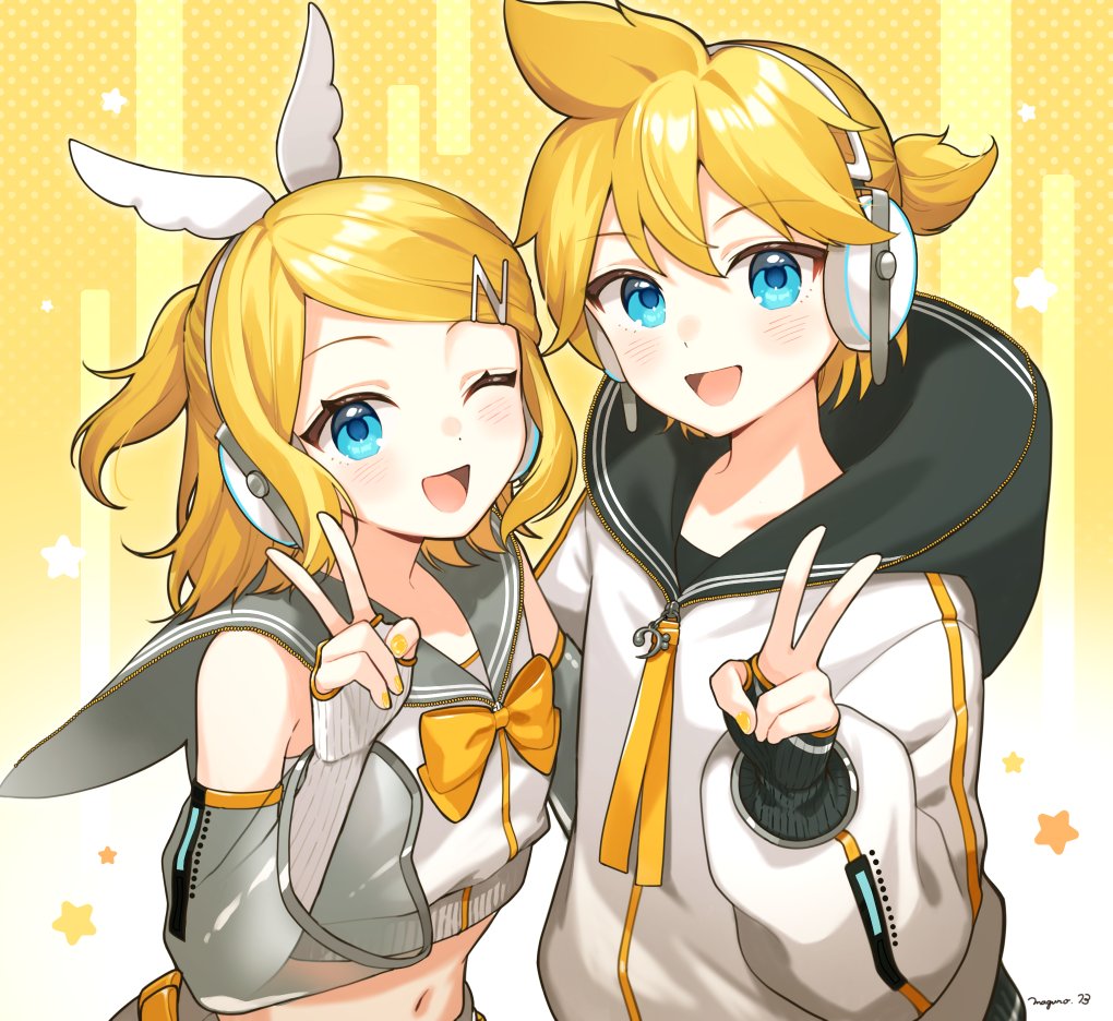 binchou maguro, kagamine len, kagamine len (nt), kagamine rin, kagamine rin (nt), piapro studio, vocaloid, commentary request, 1boy, 1girl, :d, ;d, bare shoulders, blonde hair, blue eyes, blush, bow, bowtie, brother and sister, crop top, cropped shirt, detached sleeves, double-parted bangs, grey sailor collar, grey sleeves, hand up, headset, hood, hood down, hoodie, long sleeves, looking at viewer, midriff, navel, one eye closed, open mouth, parted bangs, polka dot, polka dot background, sailor collar, shirt, short hair, siblings, sleeveless, sleeveless shirt, smile, star (symbol), two-tone background, upper body, v, white hoodie, white shirt, yellow background, yellow bow, yellow bowtie
