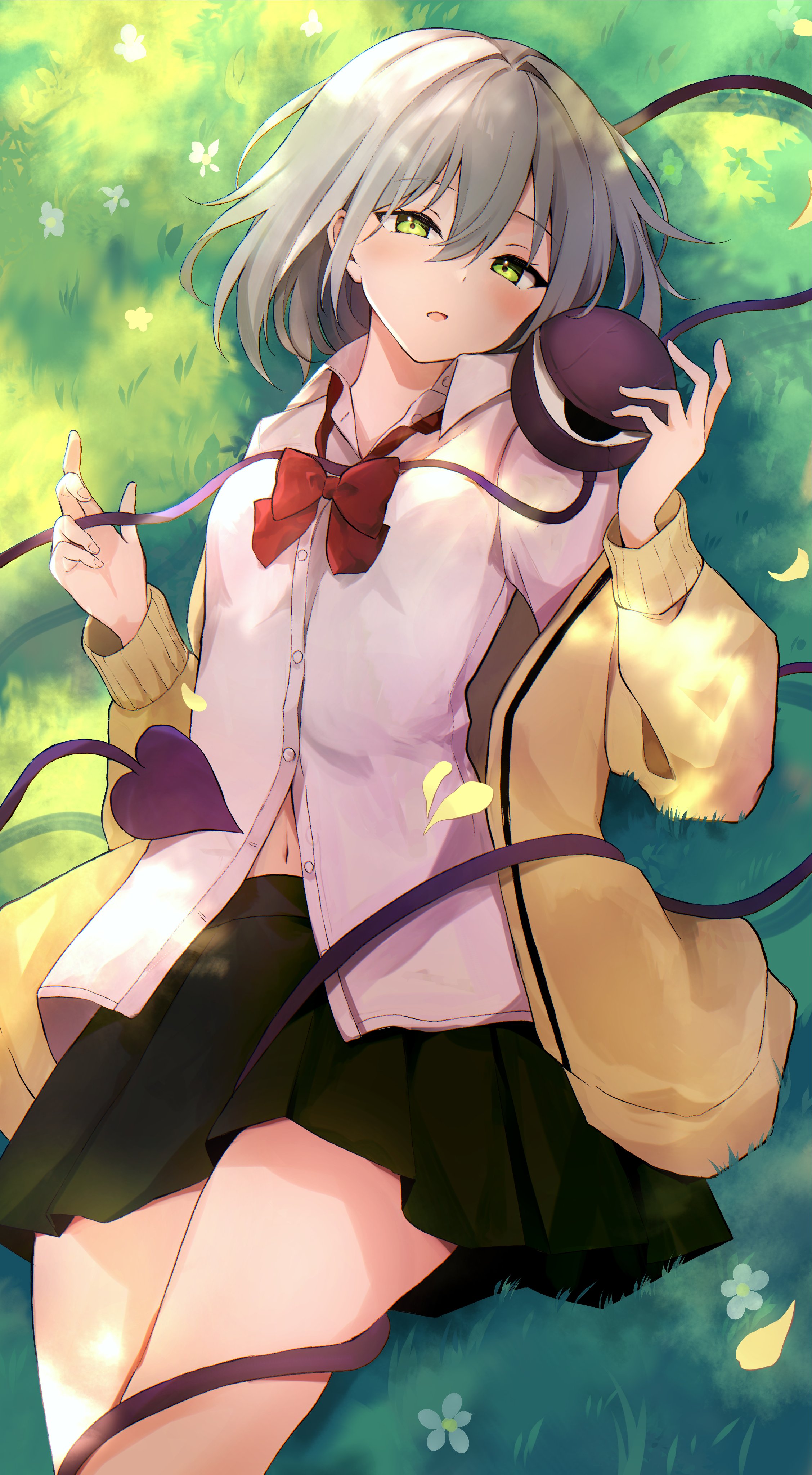 hyurasan, komeiji koishi, touhou, absurdres, commentary request, highres, 1girl, alternate costume, bow, bowtie, buttons, collared shirt, cowboy shot, grass, green eyes, green hair, green skirt, hair between eyes, jacket, long sleeves, looking at viewer, lying, navel, on back, parted lips, pleated skirt, red bow, red bowtie, school uniform, shirt, short hair, skirt, solo, third eye, white shirt, yellow jacket