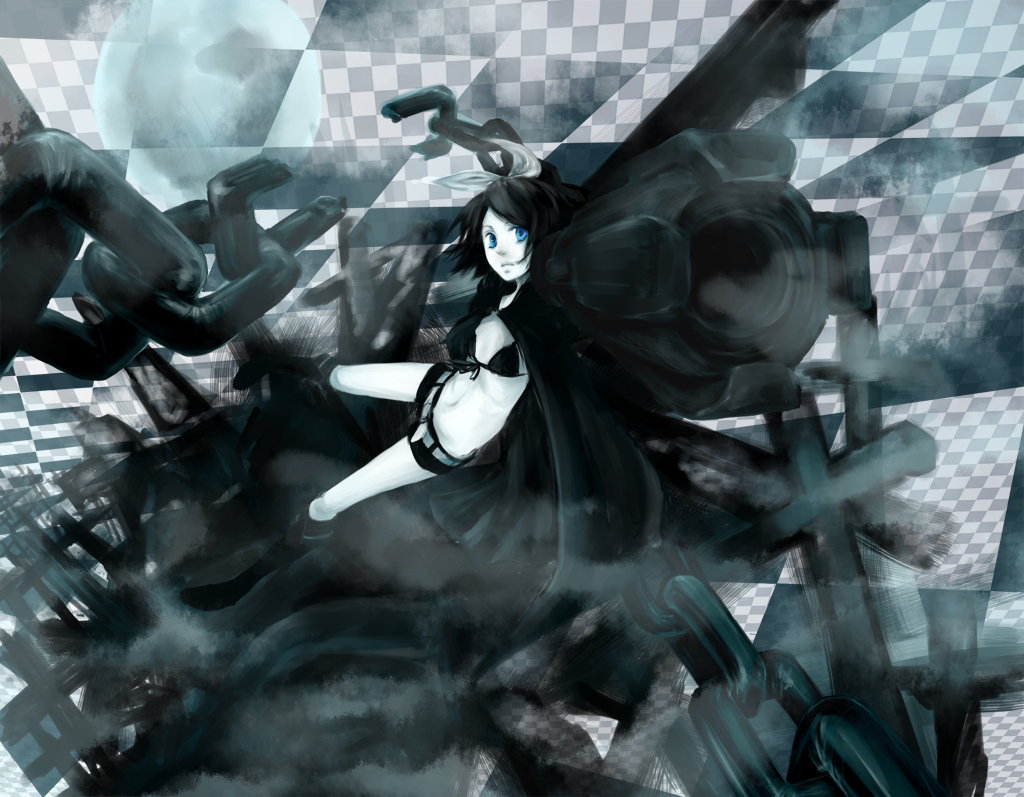 shichikusa, black rock shooter (character), kagamine rin, black rock shooter, vocaloid, black rock shooter (cosplay), blue eyes, blue theme, cape, chain, cosplay, flat chest, midriff, monochrome, short hair, shorts, solo