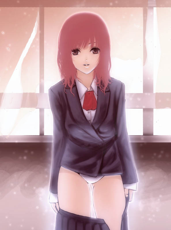 akitama, bad id, bad pixiv id, 1girl, brown eyes, female focus, jacket, long hair, necktie, panties, red hair, school uniform, shirt, skirt, solo, underwear, undressing