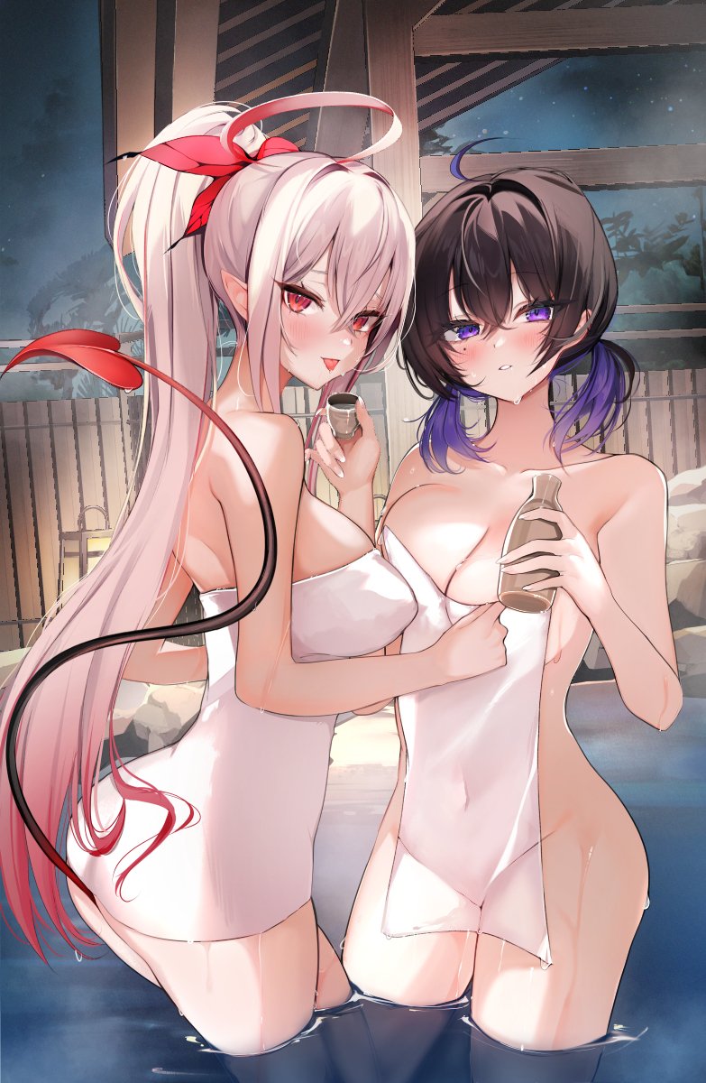 niku (hamuchang), original, highres, 2girls, ahoge, ass, black hair, bottle, breasts, butterfly hair ornament, completely nude, covered erect nipples, covered navel, covering privates, demon tail, hair ornament, holding, holding bottle, large breasts, multiple girls, naked towel, night, night sky, nude, nude cover, onsen, purple eyes, purple hair, red eyes, red tail, same-sex bathing, shared bathing, sky, standing, steam, tail, thighs, towel, wading, water