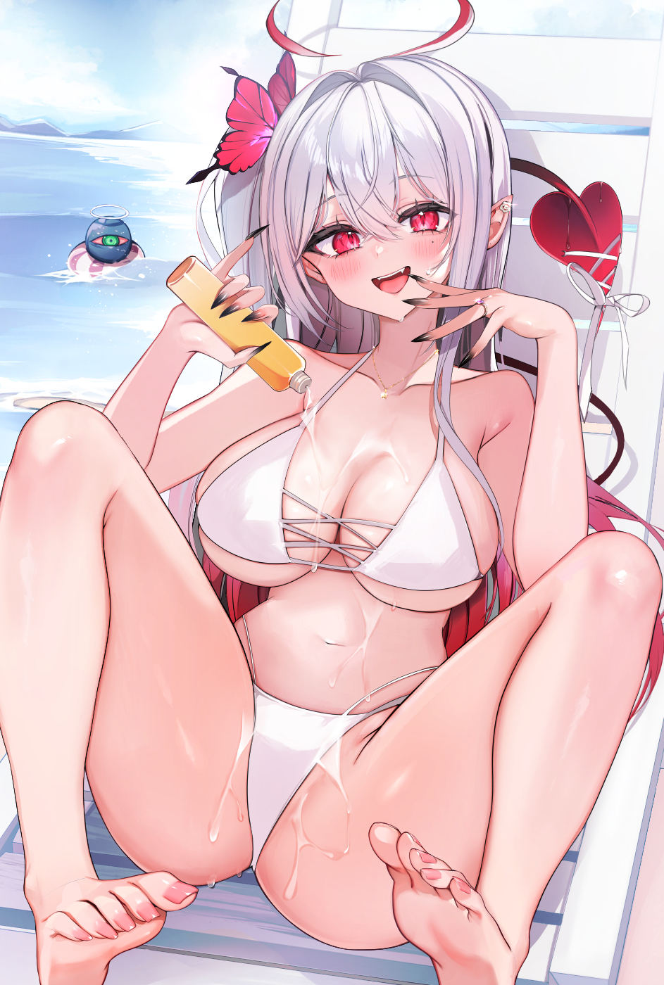niku (hamuchang), original, highres, 1girl, :d, ahoge, barefoot, beach chair, bottle, breasts, cleavage, collarbone, demon tail, feet, holding, holding bottle, large breasts, lotion, lotion bottle, navel, open mouth, pouring, red tail, sitting, smile, soles, stomach, suggestive fluid, swimsuit, tail, teeth, thighs, upper teeth only, white hair