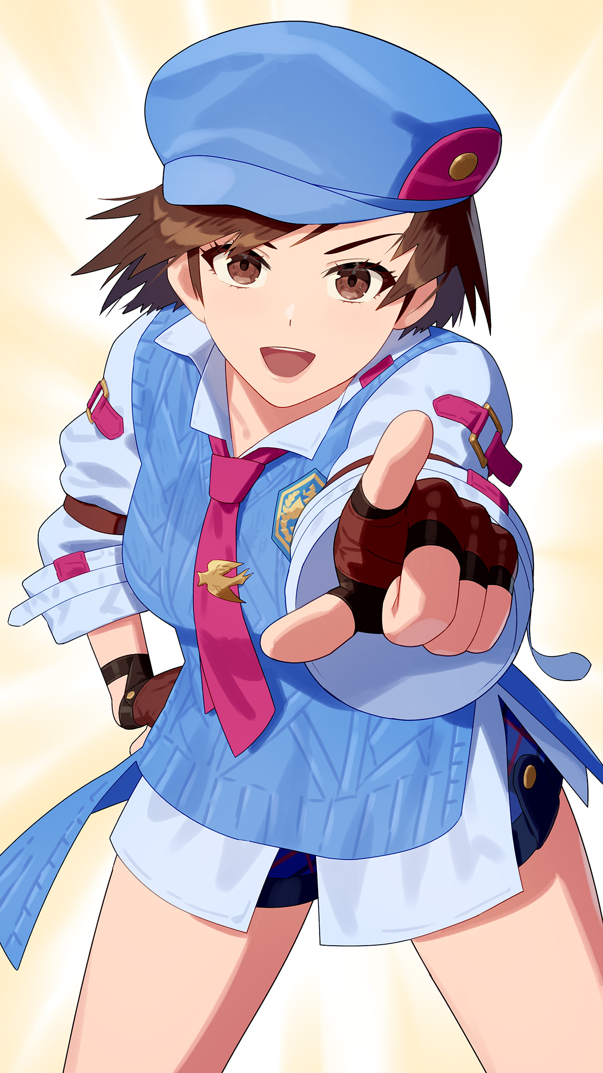yagi2013, kazama asuka, tekken, highres, 1girl, black gloves, blue hat, blue sweater vest, brown eyes, brown hair, fingerless gloves, gloves, hand on own hip, hat, looking at viewer, necktie, open mouth, pink necktie, pointing, shirt, short hair, smile, solo, sweater vest, white shirt