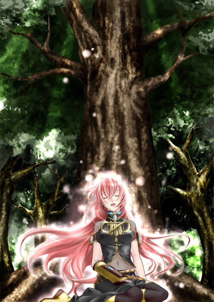 trimcolor, megurine luka, vocaloid, closed eyes, glowing, long hair, nature, pink hair, solo, tree