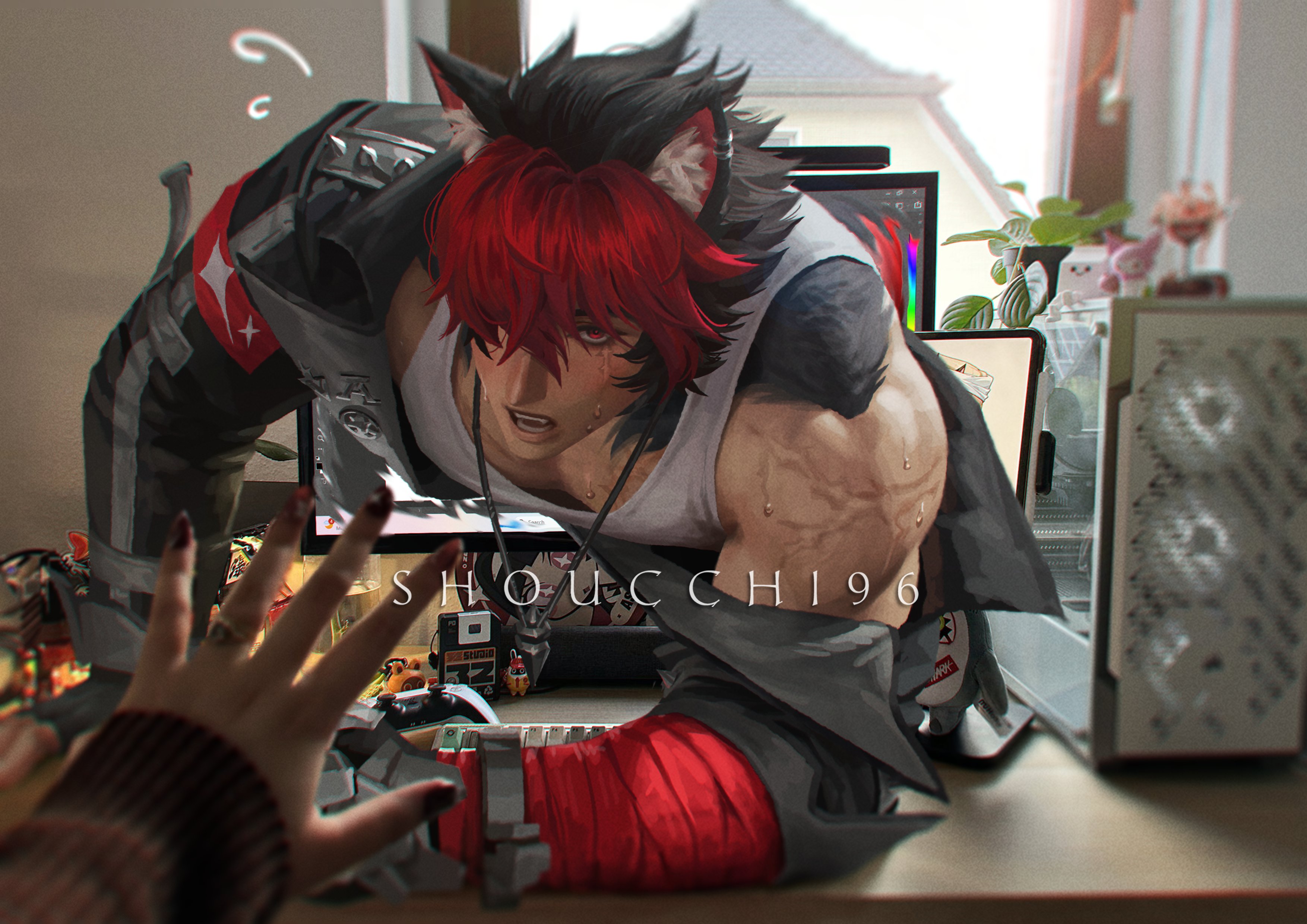 shoucchi96, komano manato, zenless zone zero, absurdres, highres, 1boy, animal ear fluff, artist name, bandages over clothes, black hair, black jacket, blush, jacket, jacket partially removed, multicolored hair, muscular, muscular male, red bandage, red eyes, scar, scar on arm, scar on face, scar on neck, short hair, solo focus, spiked jacket, sweat, tank top, through medium, two-tone hair, white tank top