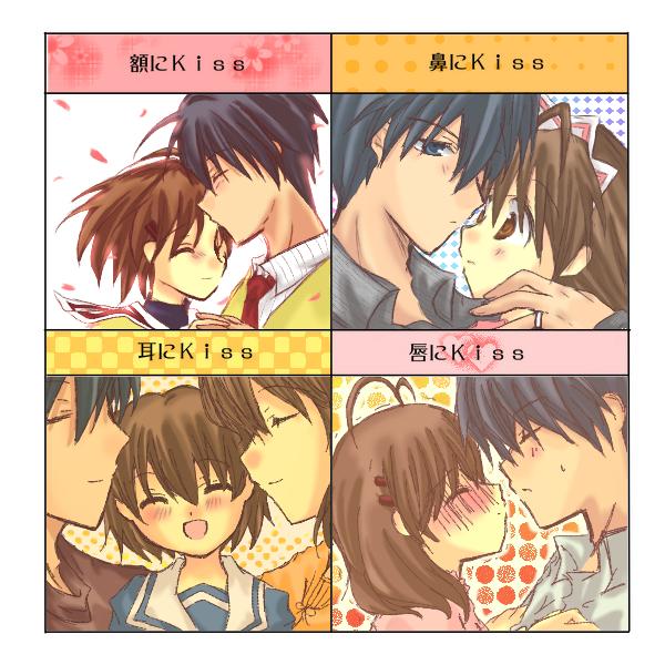 minami to uri to, furukawa nagisa, okazaki tomoya, okazaki ushio, clannad, translation request, 00s, 1boy, 2girls, antenna hair, blue eyes, blue hair, brown eyes, brown hair, chart, close-up, couple, family, hetero, kiss, kiss chart, multiple drawing challenge, multiple girls, school uniform, short hair, waitress