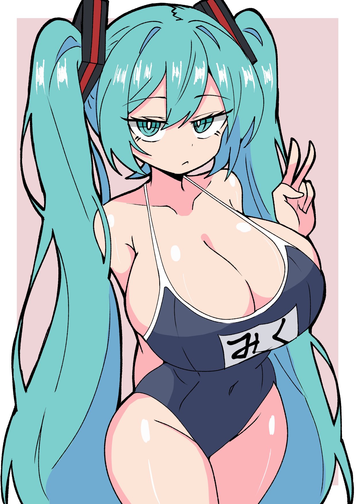 hitorikanawo, hatsune miku, vocaloid, highres, 1girl, alternate breast size (larger), aqua eyes, aqua hair, arm behind back, bare shoulders, border, breasts, competition swimsuit, hair between eyes, hair ornament, half-closed eyes, large breasts, long hair, looking at viewer, one-piece swimsuit, outside border, pink background, solo, swimsuit, thighs, twintails, v, white border