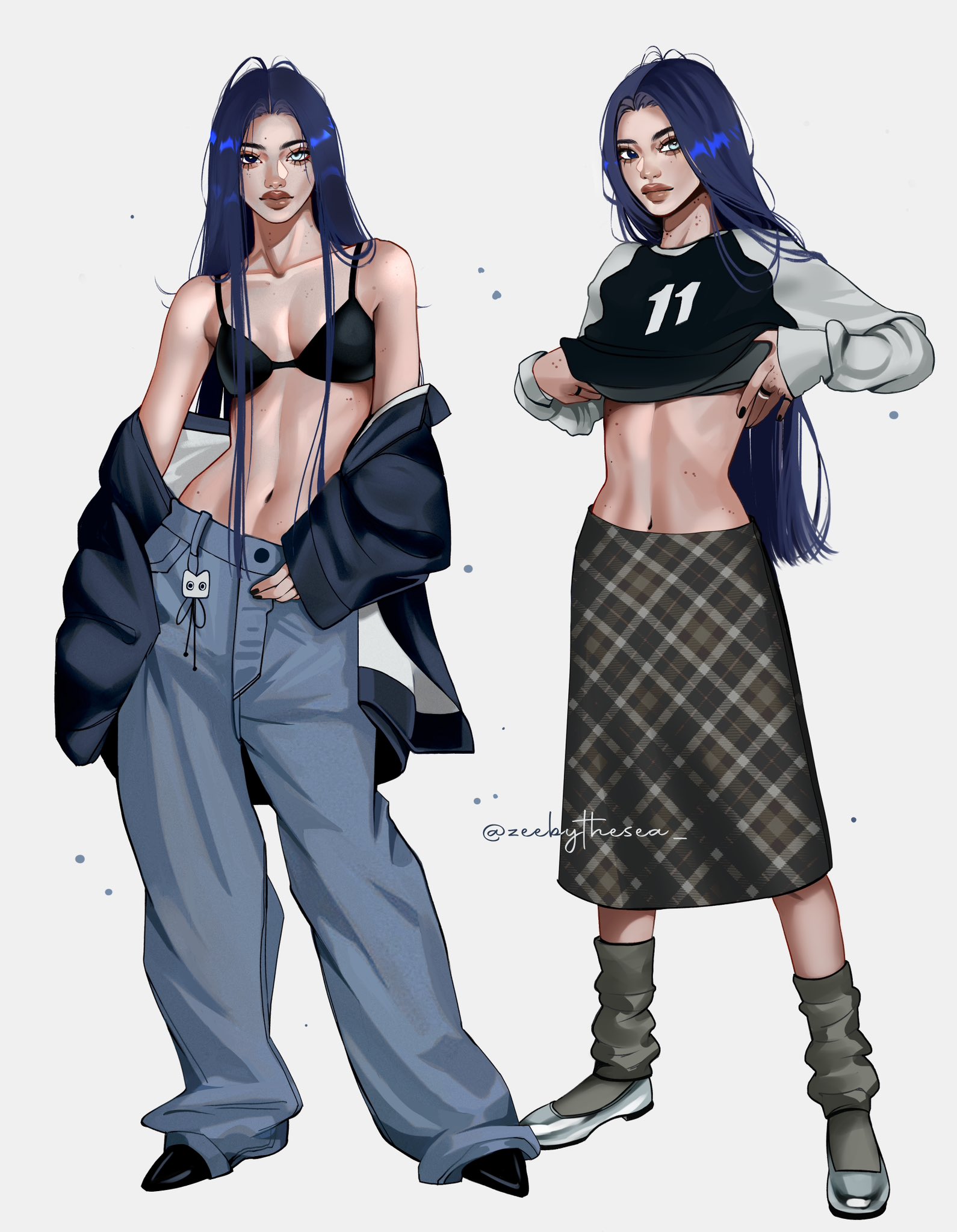 zeebythesea, umi (zeebythesea), original, highres, 1girl, aegyo sal, asian, baggy pants, black bra, black nails, black shirt, black shoes, blazer, blue eyes, blue hair, blue jacket, bra, breasts, brown lips, brown skirt, cat charm, cleavage, closed mouth, clothes lift, collarbone, d'orsay heels, denim, eyelashes, fashion, flats, forehead, full body, grey leg warmers, grey shoes, hair over breasts, heterochromia, jacket, jacket partially removed, jeans, jewelry, leg warmers, lipstick, long hair, looking at viewer, looking to the side, low block heels, makeup, medium breasts, medium skirt, modeling, mole, mole on arm, mole on cheek, mole on chest, mole on collarbone, mole on forehead, mole on hand, mole on hip, mole on neck, mole on stomach, multiple views, navel, number print, oversized jacket, pants, parted bangs, plaid clothes, plaid skirt, raglan sleeves, ring, shirt, shirt lift, shoes, skirt, sleeves past wrists, standing, straight hair, thick eyebrows, thick lips, twitter username, underwear, white background, white sleeves