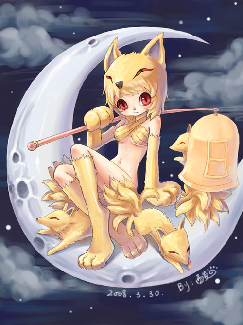 sanmi tenten, moonlight flower, ragnarok online, 1girl, :3, animal ears, bandeau bikini, bare shoulders, bell, bottomless, breasts, cloud, female focus, fox, fox ears, moon, night, red eyes, sitting, sky, small breasts, solo, split-toe footwear, star (sky), star (symbol), starry sky, underboob