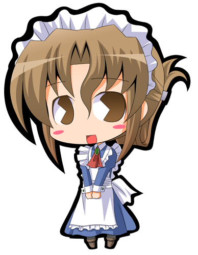 suntail, maria (hayate no gotoku!), hayate no gotoku!, lowres, 00s, 1girl, apron, blush, brown eyes, brown hair, chibi, female focus, folded ponytail, hairband, long hair, maid, maid apron, pac-man eyes, smile, solo