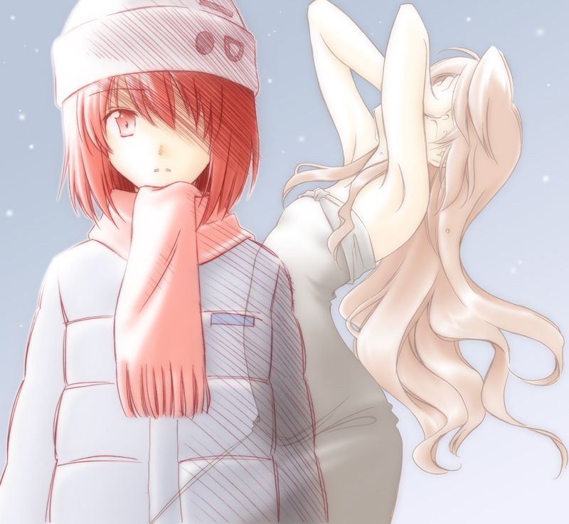 natsushi, aisaka taiga, kushieda minori, toradora!, bad id, bad pixiv id, spoilers, 00s, 2girls, armpits, bare shoulders, brown hair, coat, dress, hair over one eye, hat, long hair, multiple girls, red eyes, red hair, scarf, tears, winter clothes, winter coat