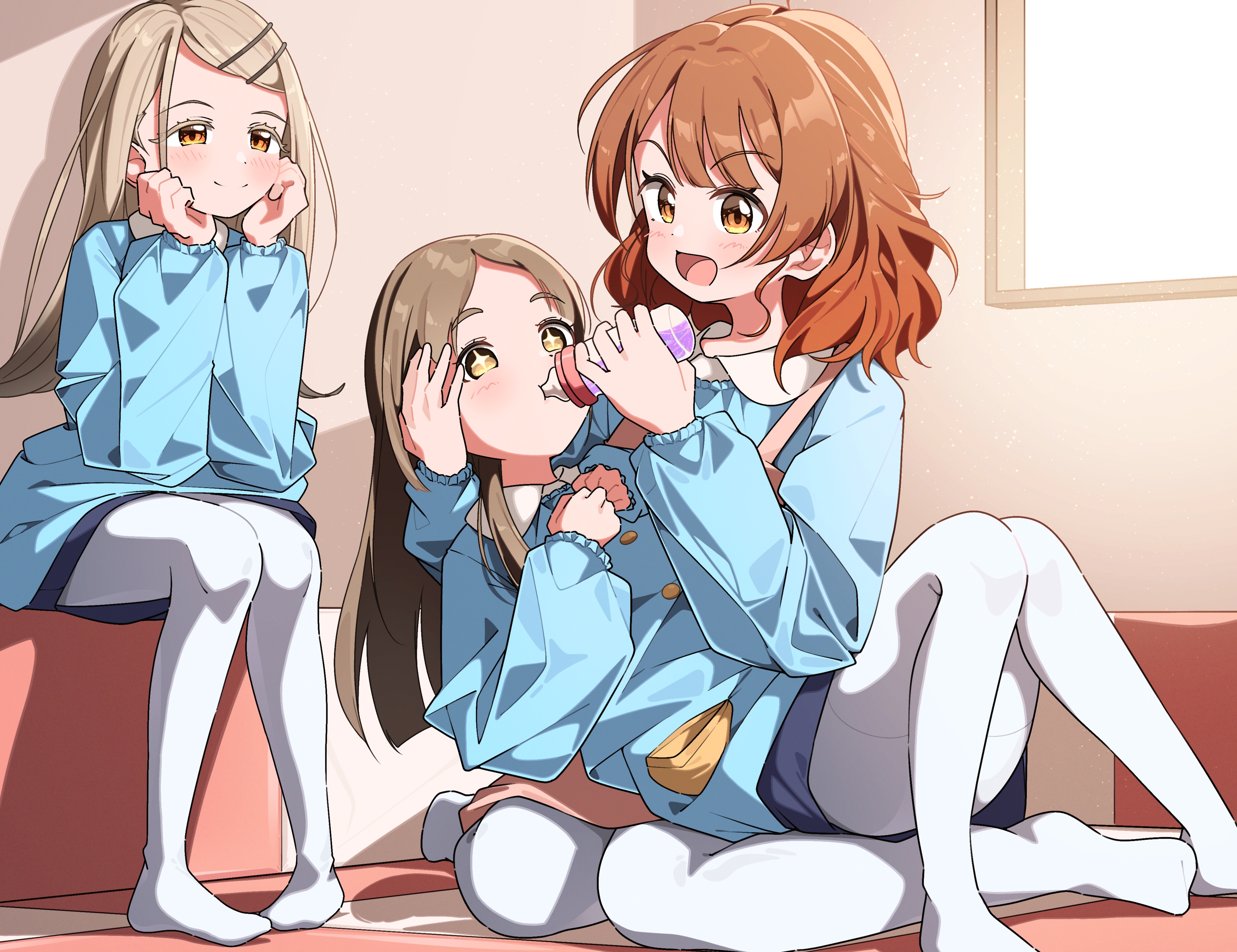 yairo ju, hanami ume, kuramoto china, shinosawa hiro, gakuen idolmaster, idolmaster, absurdres, commentary request, highres, + +, 3girls, :d, baby bottle, blonde hair, blue shirt, blue skirt, bottle, brown hair, closed mouth, collared shirt, colored eyelashes, feeding, full body, gradient hair, hair ornament, hairclip, holding, holding bottle, kindergarten uniform, long hair, long sleeves, looking at viewer, medium hair, multicolored hair, multiple girls, no shoes, open mouth, orange eyes, pantyhose, red hair, shirt, sitting, skirt, smile, smock, split mouth, two-tone hair, white pantyhose
