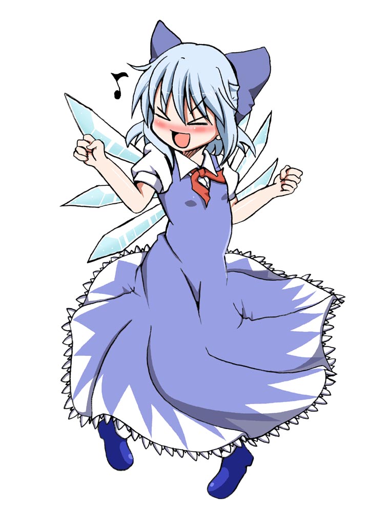 shino (ponjiyuusu), cirno, embodiment of scarlet devil, touhou, >:d, > <, > <, 1girl, :d, blouse, blue hair, blush, closed eyes, dancing, female focus, hair ribbon, musical note, open mouth, ribbon, shirt, simple background, smile, solo, v-shaped eyebrows, white background, white shirt, wings, xd
