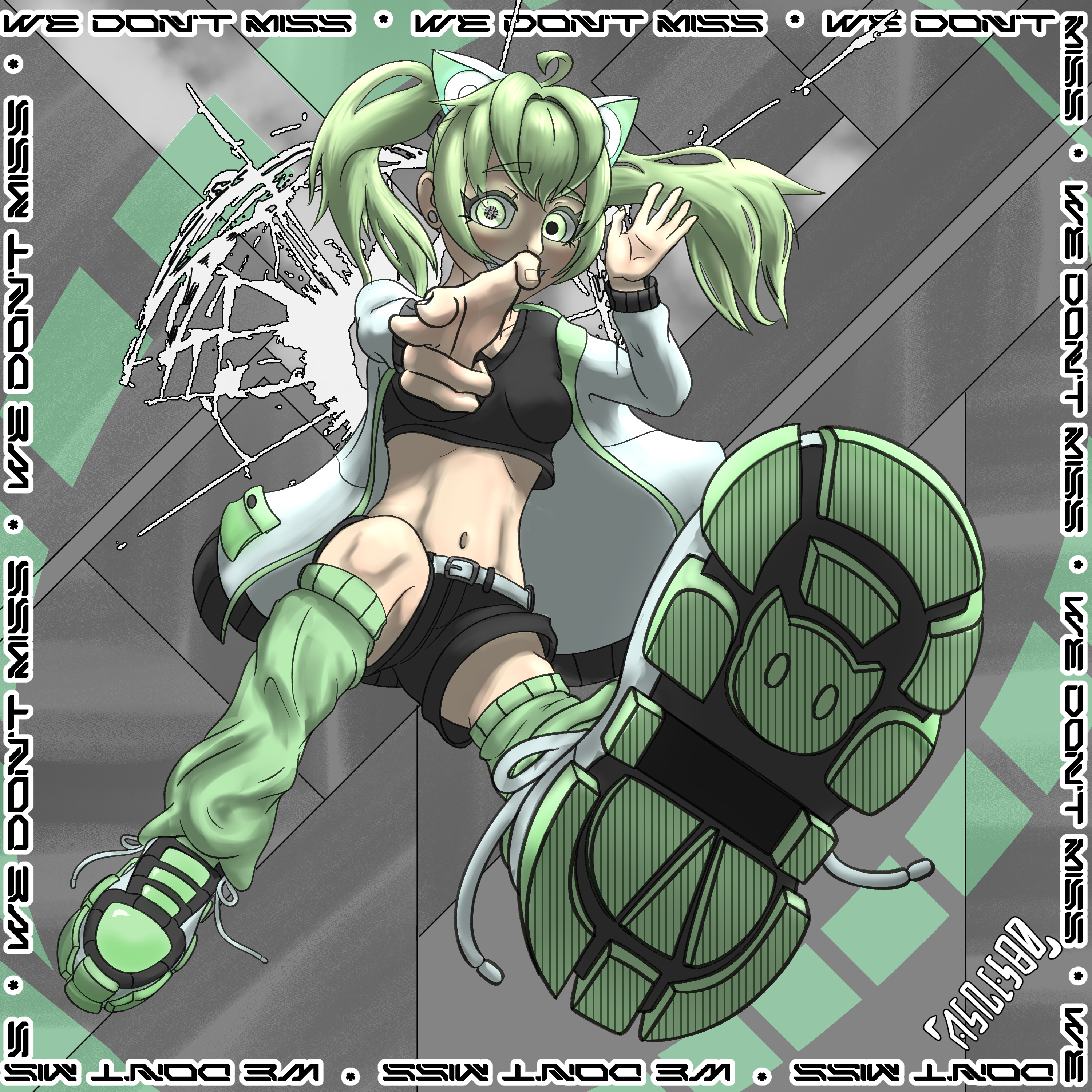 asnesbo, easybreezytv, indie virtual youtuber, 1girl, ahoge, animal ears, belt, black shirt, black shorts, breasts, cat ears, cat girl, ear piercing, finger gun, green eyes, green hair, green socks, grey background, grey shoes, grin, jacket, jumping, kneehighs, long hair, long sleeves, looking at viewer, loose socks, midriff, navel, open clothes, open jacket, piercing, shirt, shoes, shorts, sleeveless, sleeveless shirt, small breasts, smile, sneakers, socks, teeth, twintails, virtual youtuber, white belt, white jacket