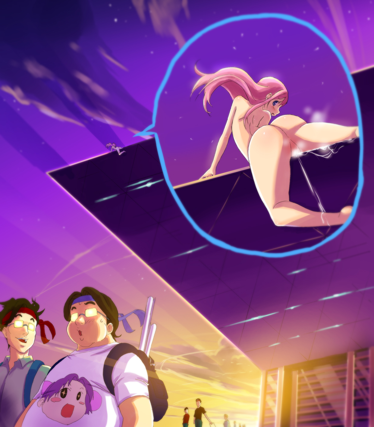 futari no ana, wadapen, wadapen's pink haired girl, comiket, original, tokyo big sight, highres, 1girl, 2boys, ass, back, backpack, bag, barefoot, brown hair, building sex, cross-section, crotch rub, dangerous, exhibitionism, female ejaculation, female masturbation, glasses, headband, long hair, masturbation, merchandise, multiple boys, night, nude, otaku, outdoors, peril, pink hair, public indecency, purple eyes, pussy, pussy juice, pussy juice trail, randoseru, short hair, sky, star (sky), star (symbol), starry sky, uncensored, what