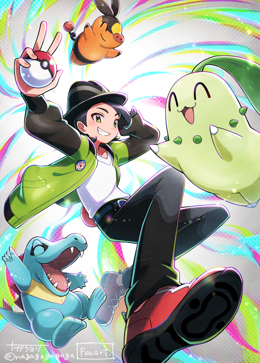 nagare750, chikorita, paxton (pokemon), tepig, totodile, nintendo, pokemon, pokemon legends: z-a, commentary request, highres, 1boy, belt, black hair, black pants, blue belt, gen 2 pokemon, gen 5 pokemon, green jacket, grin, happy, hat, holding, holding poke ball, jacket, long sleeves, male focus, open clothes, open jacket, pants, poke ball, poke ball (basic), pokemon (creature), red shoes, shirt, shoes, short hair, smile, starter pokemon trio, teeth, white shirt, yellow eyes