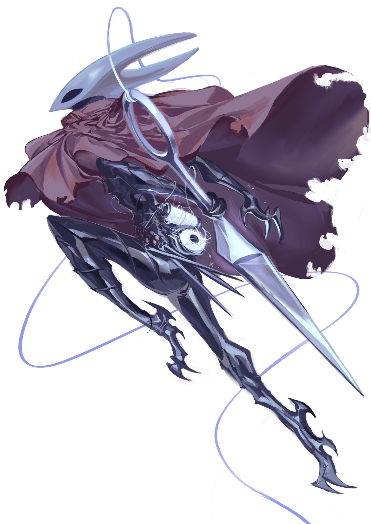 nameno92372763, hornet (hollow knight), hollow knight, hollow knight: silksong, highres, 1girl, armor, arthropod girl, claws, cloak, full body, holding, holding sword, holding weapon, hollow eyes, horned mask, mask, needle (hollow knight), red cloak, simple background, spool, string, sword, weapon, white background, white mask