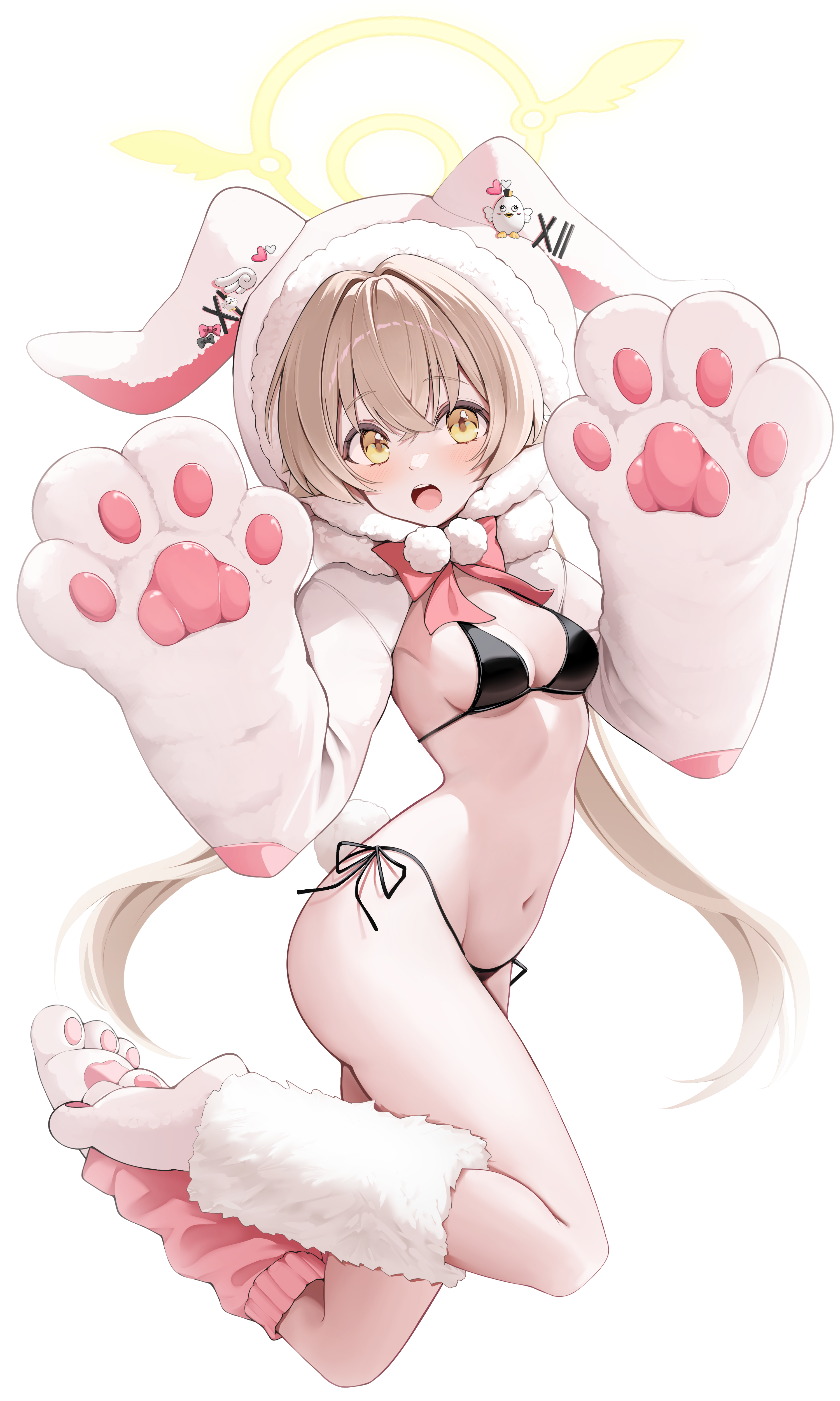 hooming illust, hifumi (blue archive), peroro (blue archive), blue archive, absurdres, commentary request, highres, 1girl, animal ear hood, animal ears, bikini, black bikini, blonde hair, blush, breasts, cleavage, crossed bangs, fake animal ears, full body, hair between eyes, hair intakes, halo, hands up, hood, hood up, hooded shrug, jumping, long hair, looking at viewer, low twintails, navel, open mouth, paw shoes, paw sleeves, pom pom (clothes), rabbit ears, rabbit tail, shrug (clothing), side-tie bikini bottom, simple background, small breasts, solo, swimsuit, tail, teeth, thighs, twintails, upper teeth only, white background, white shrug, winged halo, yellow eyes, yellow halo