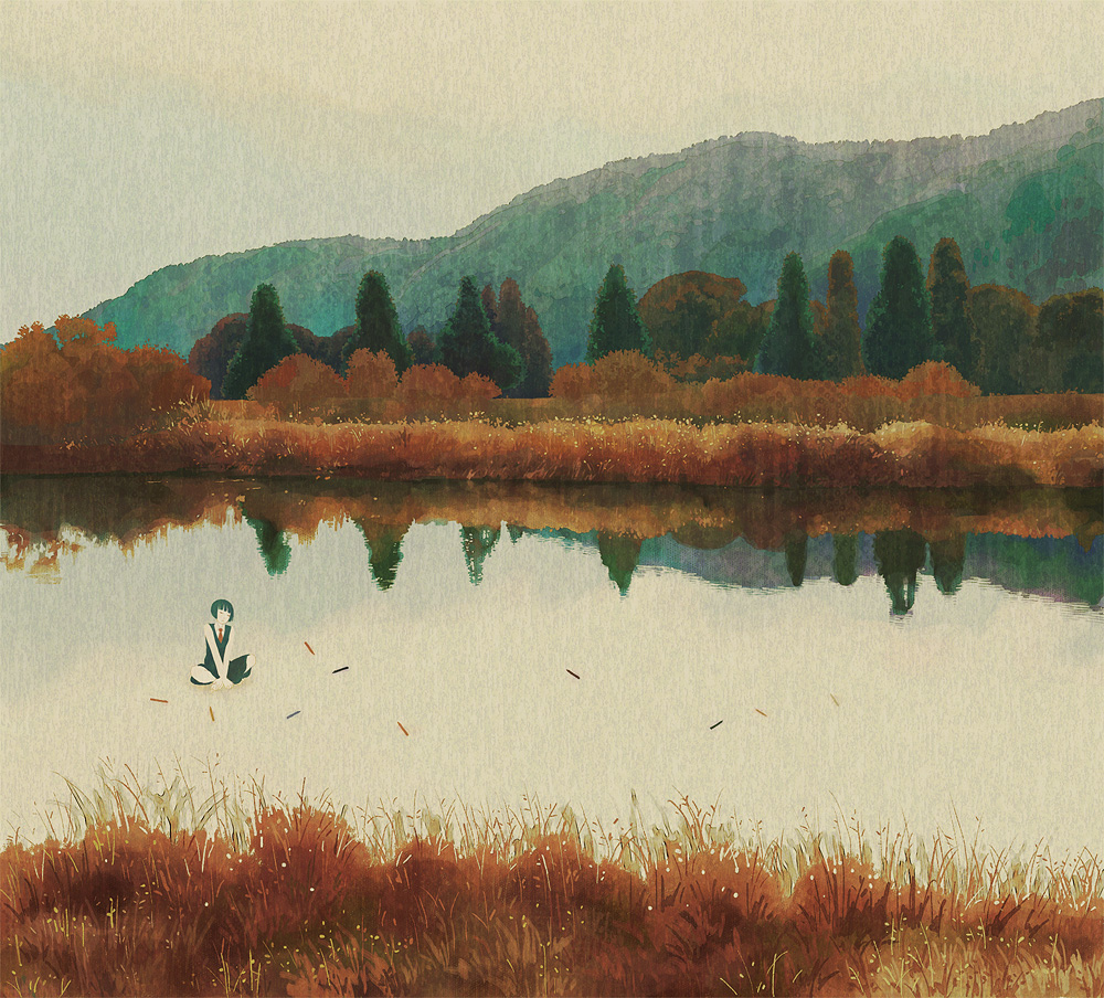kumaori jun, original, bad id, bad pixiv id, 1girl, black hair, female focus, forest, grass, horizon, lake, mountain, nature, outdoors, reeds, reflection, school uniform, sky, solo
