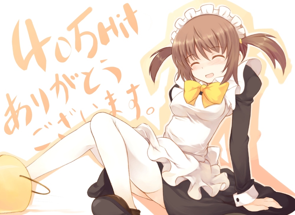 kurasuke, kurasuke's maid girl, original, 1girl, bow, bowtie, breasts, brown hair, bucket, closed eyes, fallen down, female focus, maid, maid headdress, milestone celebration, shirt, short hair, sitting, solo, taut clothes, taut shirt, thighhighs, twintails, white thighhighs