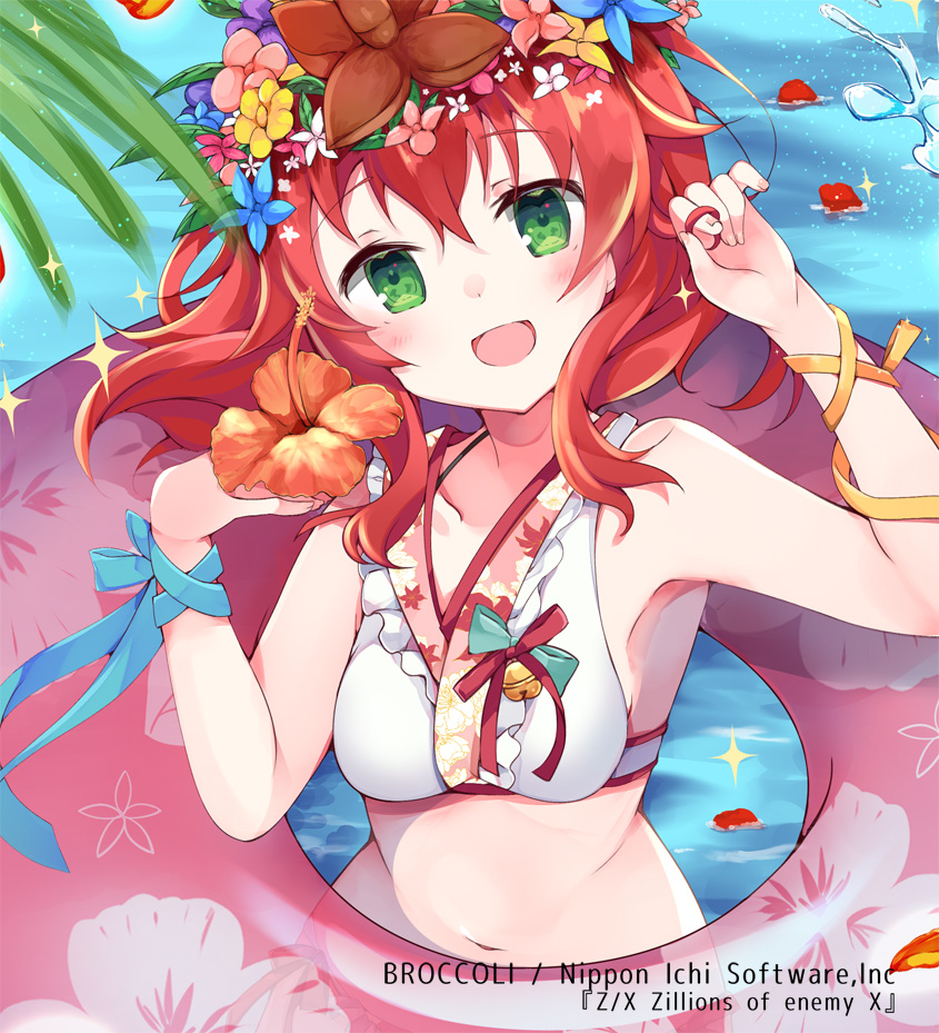 satsuki mayuri, z/x, official art, 1girl, arm ribbon, benihime (z/x), bikini, blue ribbon, breasts, copyright notice, flower, green eyes, hair flower, hair ornament, hibiscus, holding, holding flower, long hair, navel, on innertube, open mouth, partially submerged, red hair, red petals, ribbon, small breasts, solo, swimsuit, white bikini, yellow ribbon