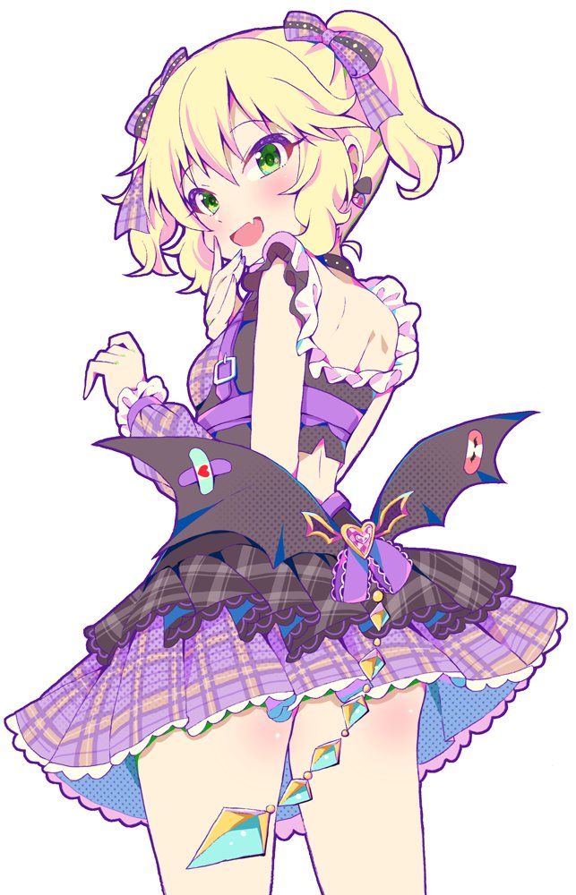 michii yuuki, sakurai momoka, idolmaster, idolmaster cinderella girls, idolmaster cinderella girls starlight stage, 1girl, ass, ass peek, black choker, black skirt, blonde hair, blush, bow, chest harness, choker, cowboy shot, cropped shirt, demon wings, detached sleeves, earrings, fang, frilled shirt, frilled skirt, frilled sleeves, frills, from behind, green eyes, hair bow, harness, heart, heart earrings, heart in eye, heart o-ring, jewelry, knees apart feet together, knees up, layered skirt, looking at viewer, looking back, low wings, o-ring, official alternate costume, official alternate hairstyle, plaid bow, plaid clothes, plaid shirt, plaid skirt, plaid sleeves, purple bow, purple shirt, purple skirt, purple sleeves, shirt, short hair, shoulder blades, simple background, skirt, smile, solo, symbol in eye, twintails, wavy hair, white background, wings