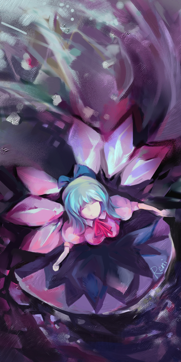 reni, tsuuyakukan reni, cirno, embodiment of scarlet devil, touhou, bad id, bad pixiv id, highres, 1girl, ^ ^, bow, breasts, closed eyes, dress, female focus, gradient background, ice, solo, wind, wings