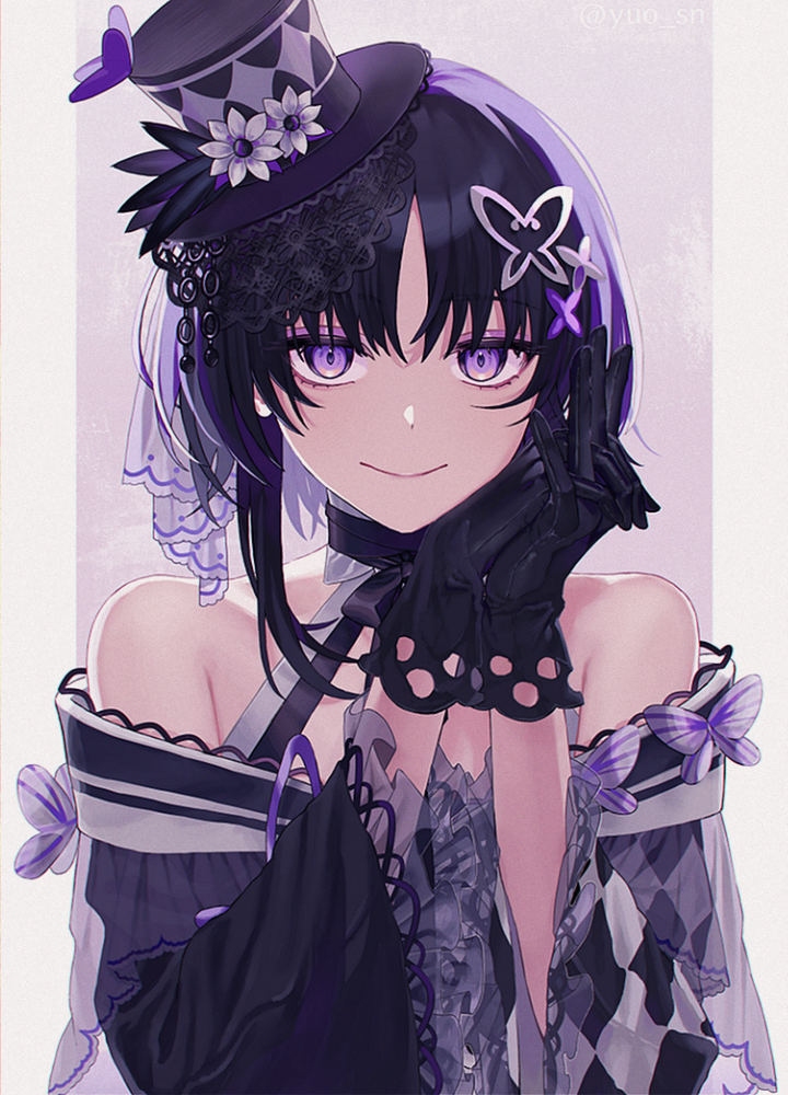 yuo (yuo sn220), housho margo, mahou shoujo no majo saiban, commentary request, 1girl, bare shoulders, black choker, black gloves, black hair, black hat, bug, butterfly, butterfly hair ornament, choker, closed mouth, eyeshadow, flower, frilled sleeves, frills, gloves, hair ornament, hands up, hat, hat flower, insect, interlocked fingers, japanese clothes, lolita fashion, long sleeves, looking at viewer, makeup, mini hat, mini top hat, own hands together, parted bangs, purple butterfly, purple eyes, purple eyeshadow, short hair, smile, solo, top hat, upper body, wa lolita