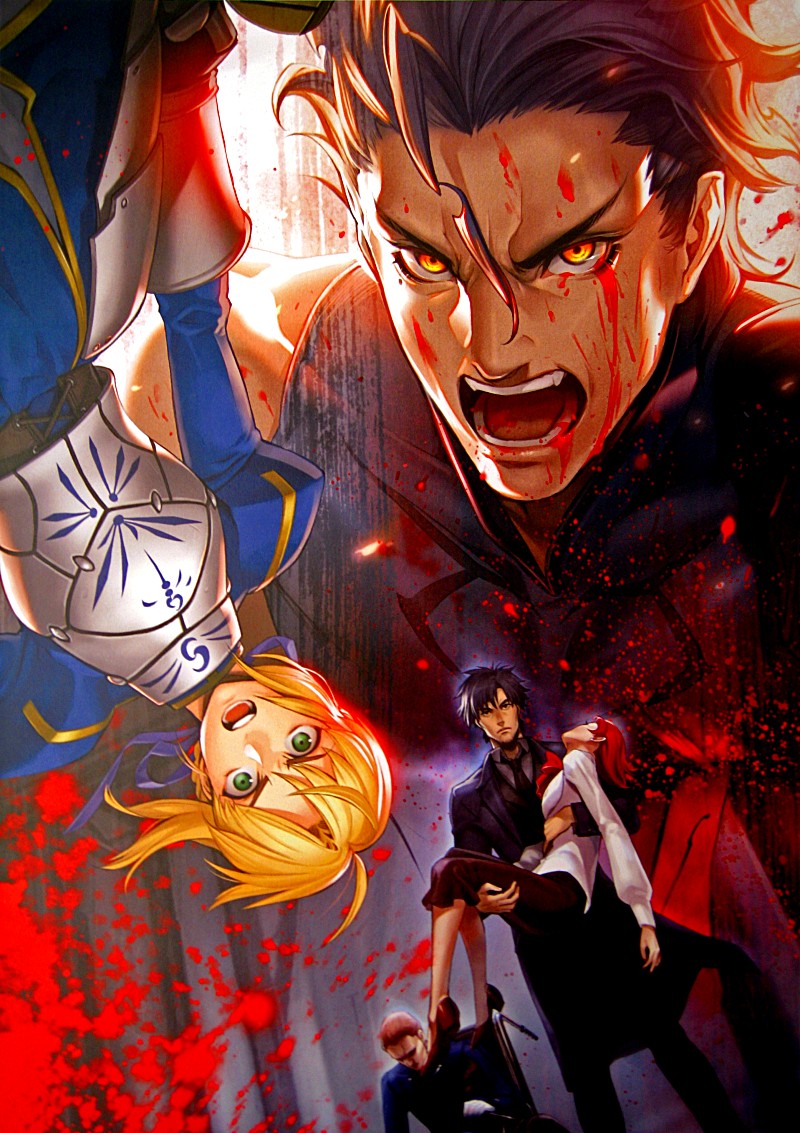 midori foo, artoria pendragon (fate), diarmuid ua duibhne (fate), diarmuid ua duibhne (lancer) (fate), emiya kiritsugu, kayneth archibald el-melloi, kayneth el-melloi archibald, saber (fate), sola-ui nuada-re sophia-ri, fate/stay night, fate/zero, fate (series), non-web source, 00s, 2girls, 3boys, armor, blonde hair, blood, green eyes, multiple boys, multiple girls, surprised, wheelchair, yellow eyes