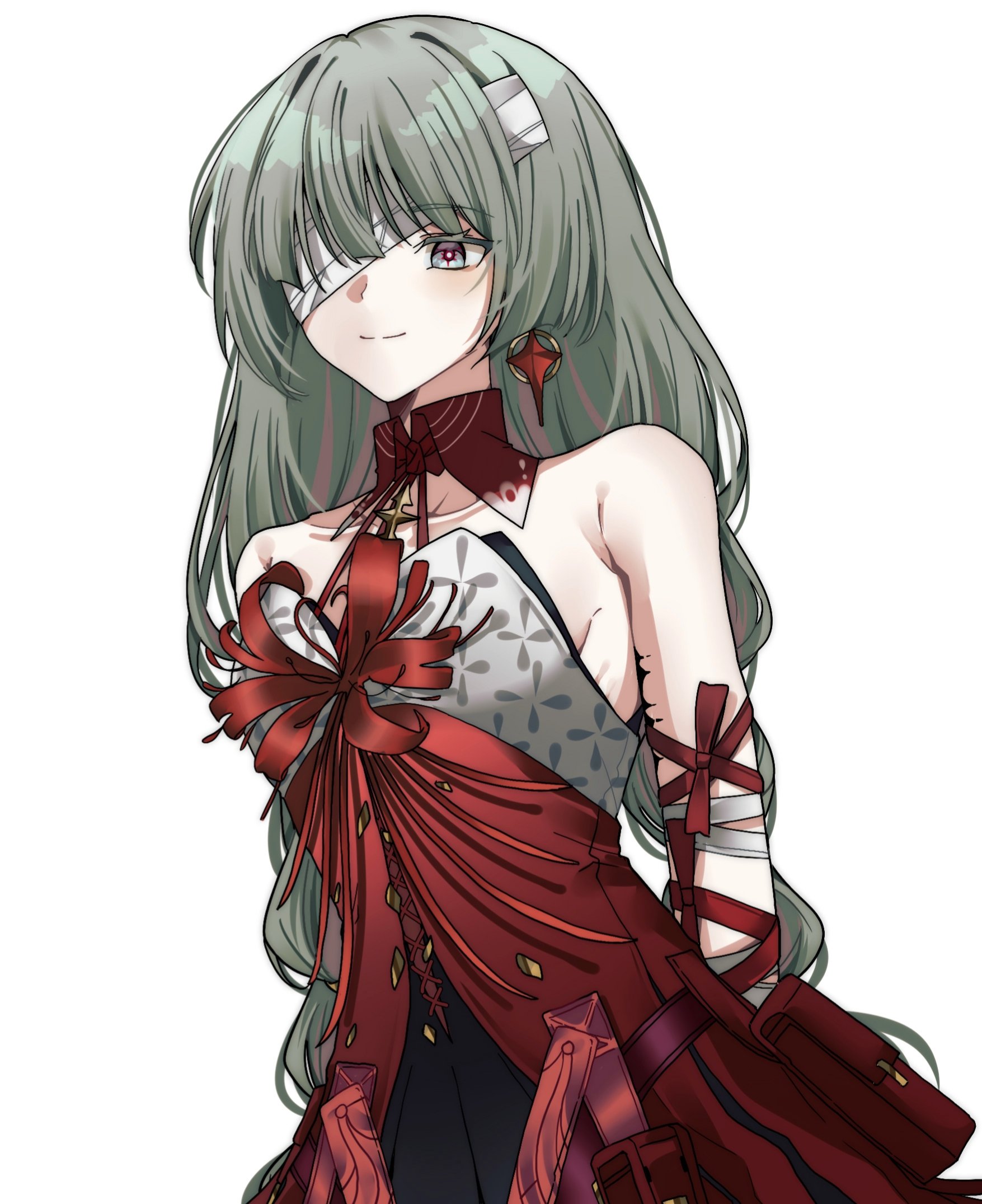 pokarii zuu, phrolova (wuthering waves), wuthering waves, commentary, english commentary, highres, 1girl, bandage over one eye, bare shoulders, black skirt, breasts, closed mouth, dress, earrings, grey eyes, grey hair, halter dress, halterneck, jewelry, long hair, medium breasts, red dress, red pupils, simple background, skirt, smile, solo, tacet mark (wuthering waves), upper body, white background