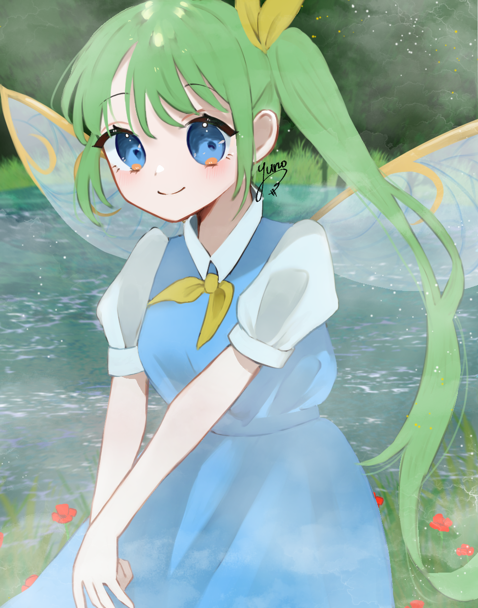 izumo yuino, daiyousei, touhou, commentary request, highres, partial commentary, 1girl, bare arms, blue dress, blue eyes, dress, fairy, fairy wings, flower, fog, green hair, hair ribbon, lake, long hair, looking at viewer, neckerchief, outdoors, pinafore dress, red flower, ribbon, shirt, short sleeves, side ponytail, signature, sleeveless, sleeveless dress, smile, solo, very long hair, water, white shirt, wings, yellow neckerchief, yellow ribbon