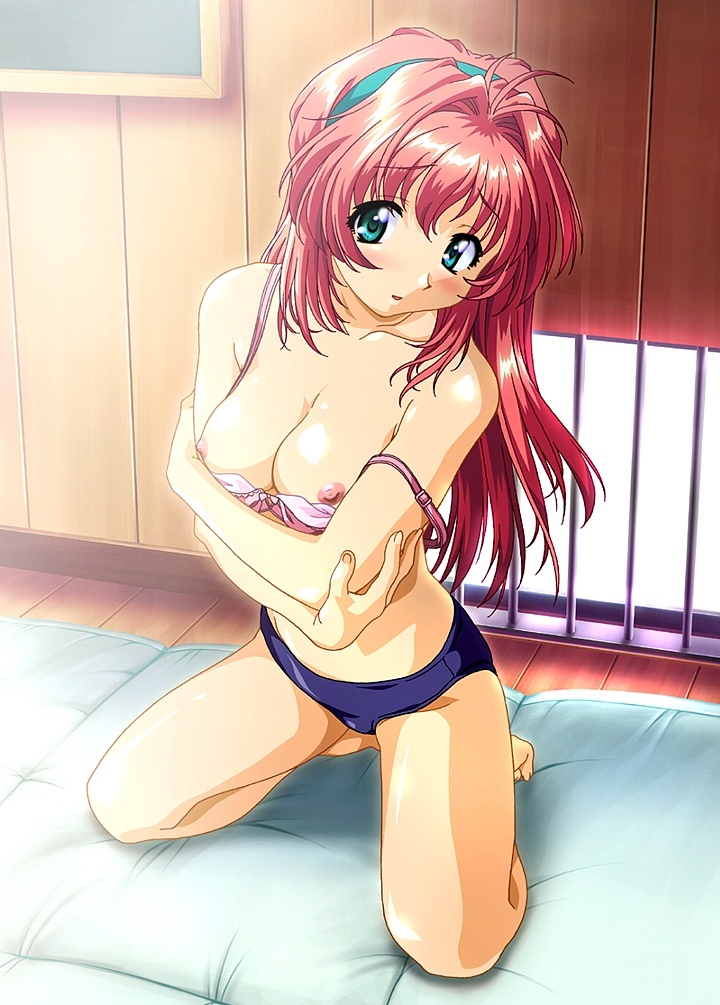 taki minashika, mizuno makoto (green), green (game), breast hold, 1girl, aqua eyes, barefoot, blue eyes, blush, bra, bra pull, breasts, buruma, cleavage, clothes pull, crossed arms, female focus, futon, hairband, kneeling, lingerie, long hair, nipple slip, nipples, panties, red hair, smile, solo, strap slip, underwear, undressing