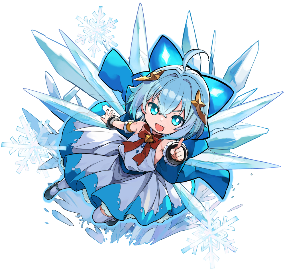 asakura maru, cirno, touhou, 1girl, blue bow, blue dress, blue eyes, blue hair, bow, dress, hair bow, hair ornament, ice, ice wings, open mouth, ribbon, short hair, short sleeves, smile, solo, wings